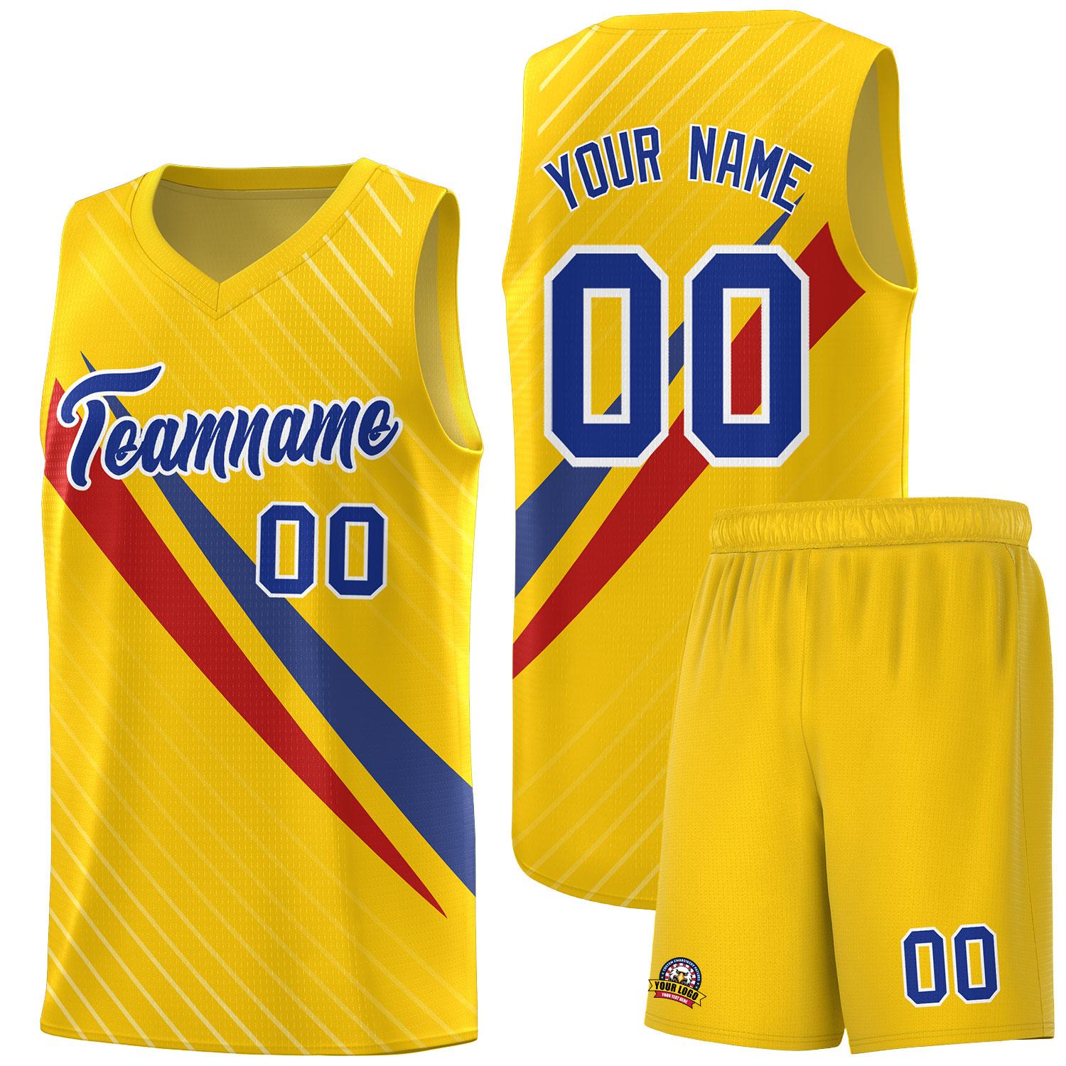 Custom Gold Diagonal Pinstripe Pattern Color Block Sports Uniform Basketball Jersey