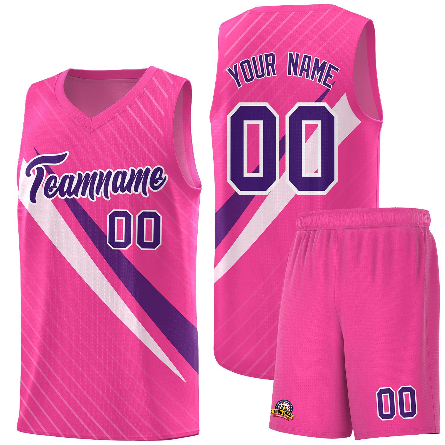 Custom Pink Diagonal Pinstripe Pattern Color Block Sports Uniform Basketball Jersey