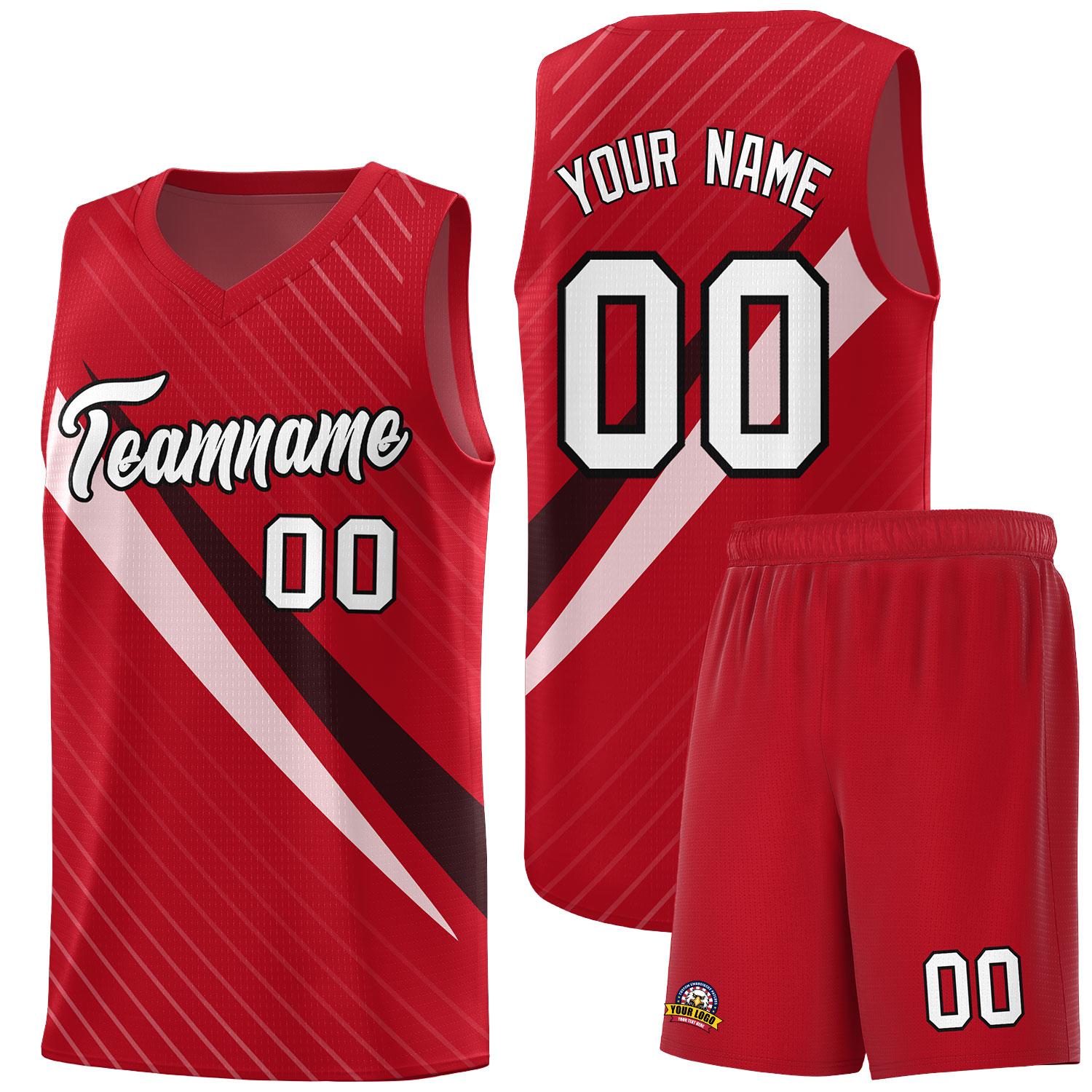 Custom Red Diagonal Pinstripe Pattern Color Block Sports Uniform Basketball Jersey