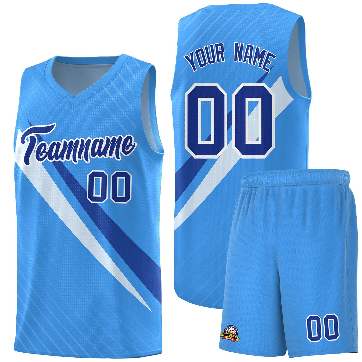 Custom Light Blue Diagonal Pinstripe Pattern Color Block Sports Uniform Basketball Jersey