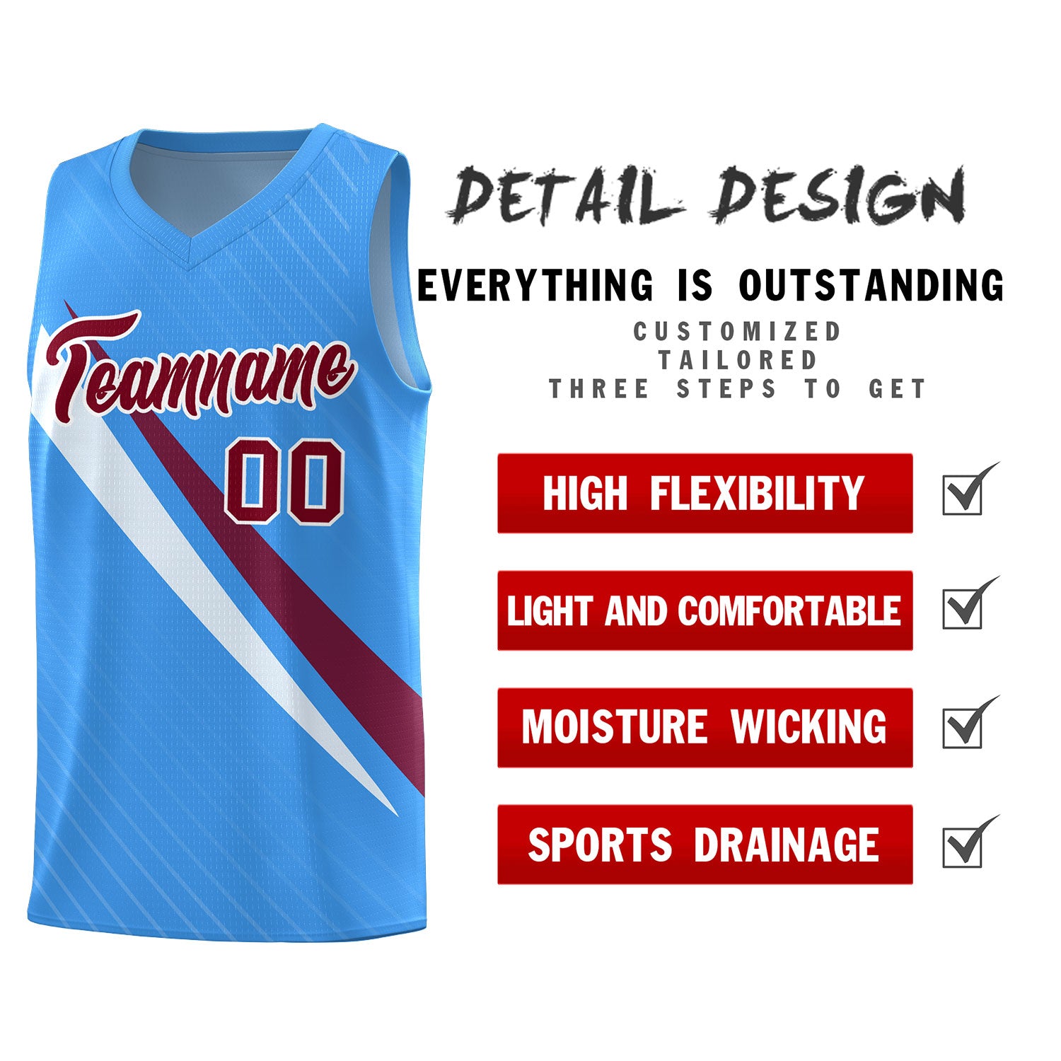 Custom Light Blue Diagonal Pinstripe Pattern Color Block Sports Uniform Basketball Jersey