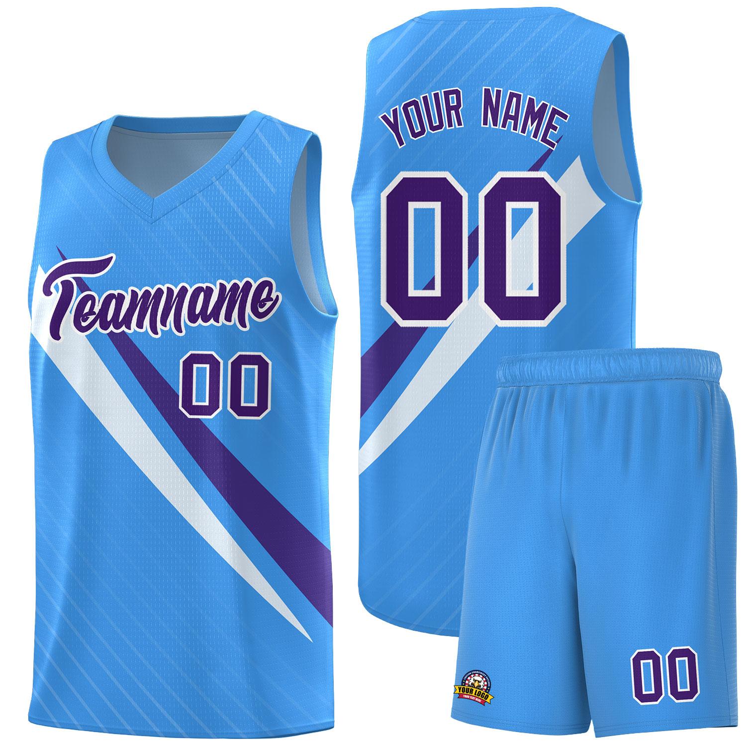Custom Light Blue Diagonal Pinstripe Pattern Color Block Sports Uniform Basketball Jersey