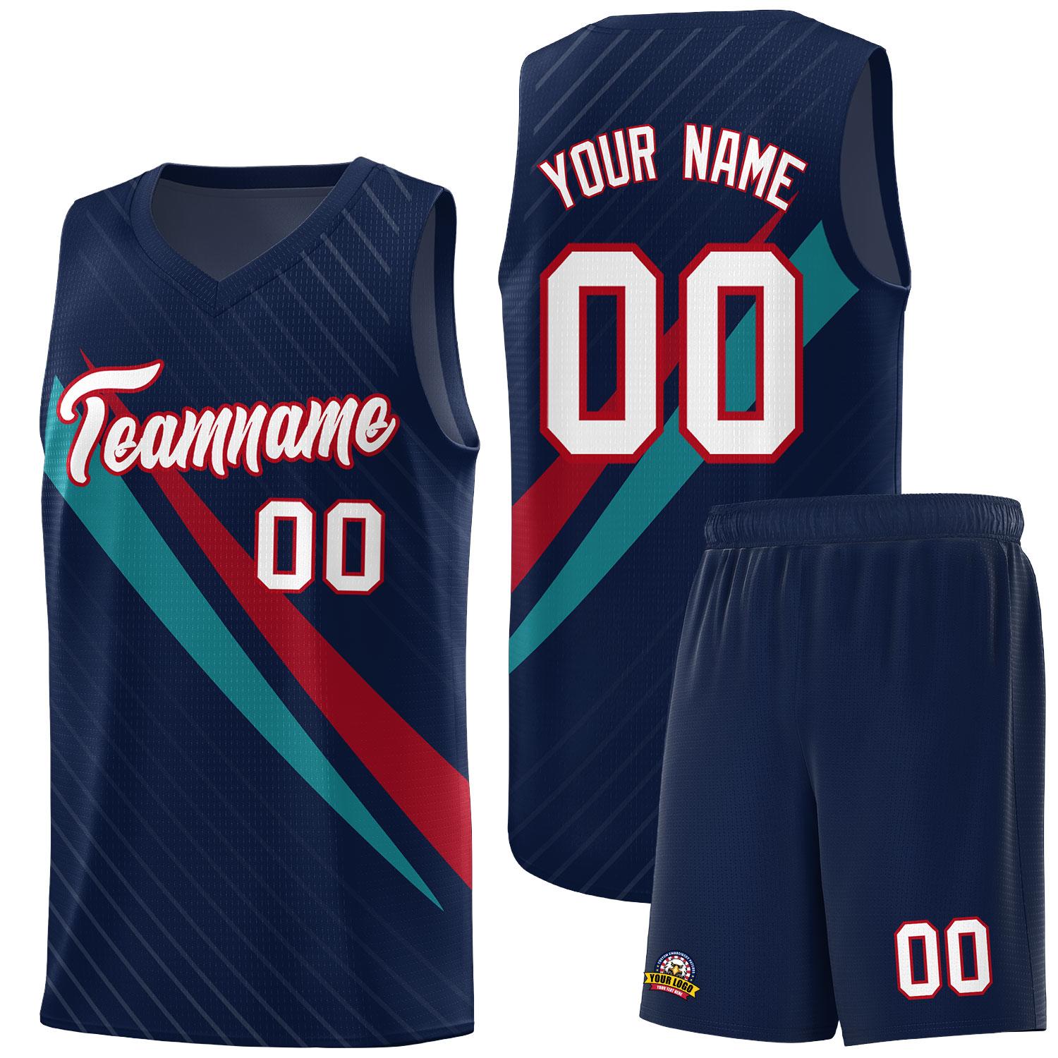 Custom Navy Diagonal Pinstripe Pattern Color Block Sports Uniform Basketball Jersey
