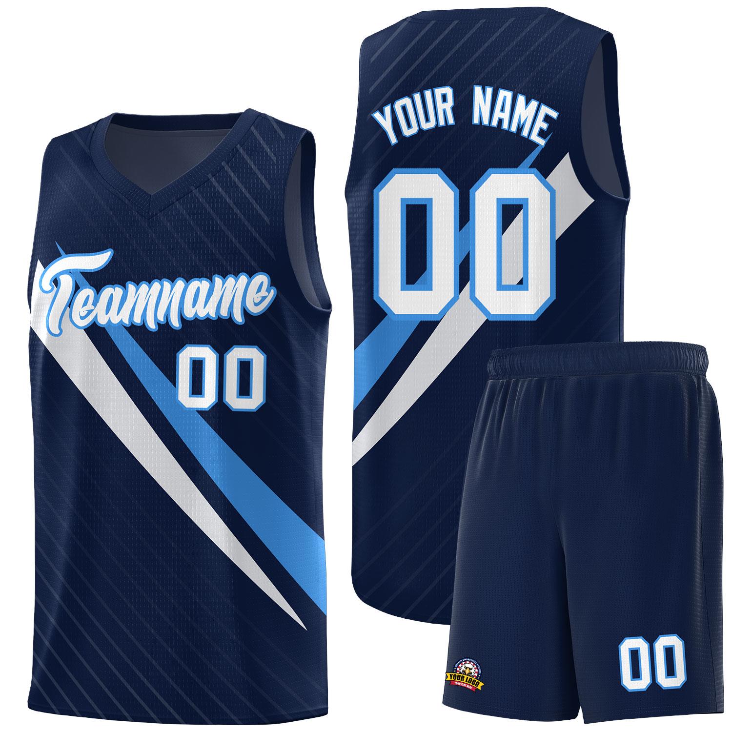 Custom Navy Diagonal Pinstripe Pattern Color Block Sports Uniform Basketball Jersey