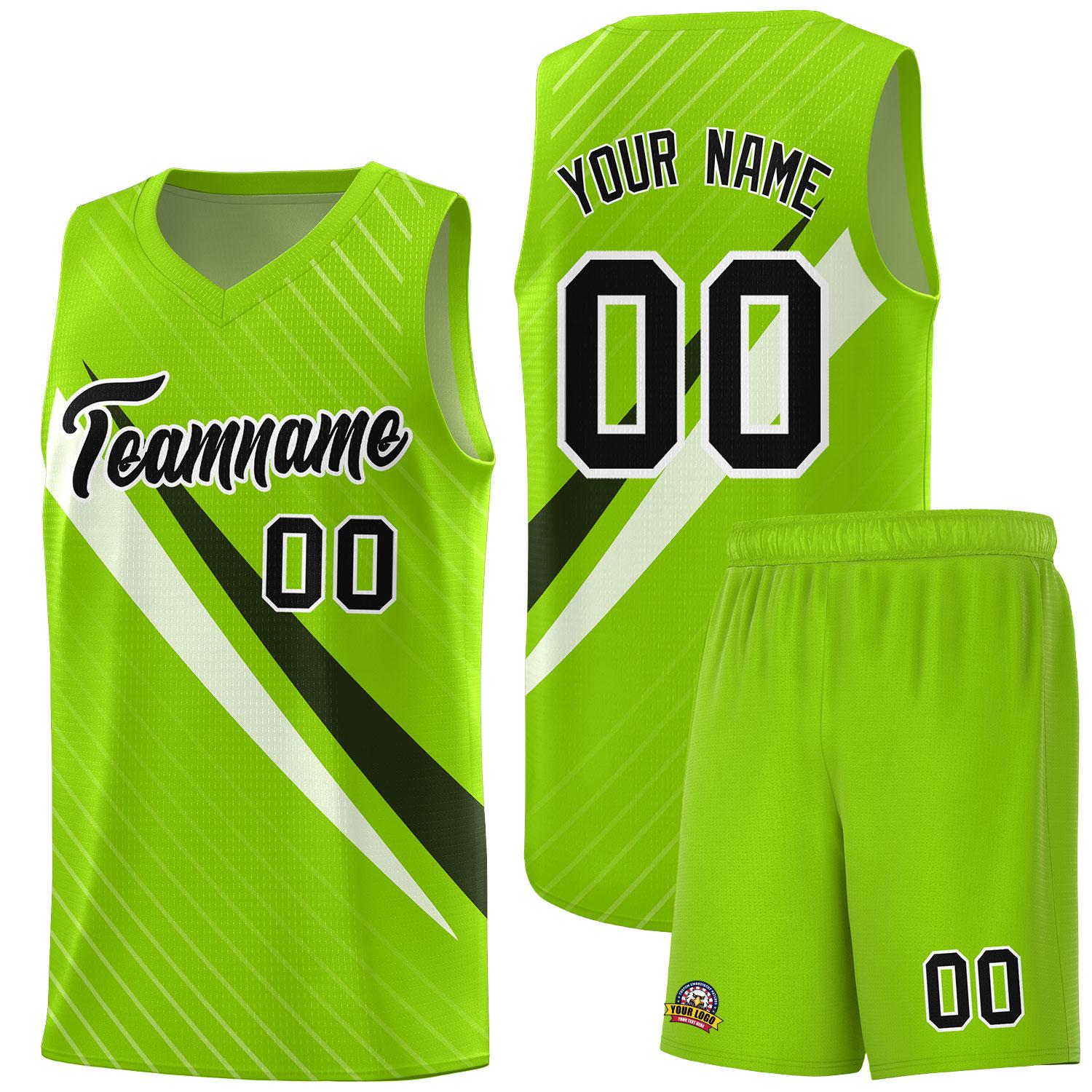 Custom Neon Green Diagonal Pinstripe Pattern Color Block Sports Uniform Basketball Jersey