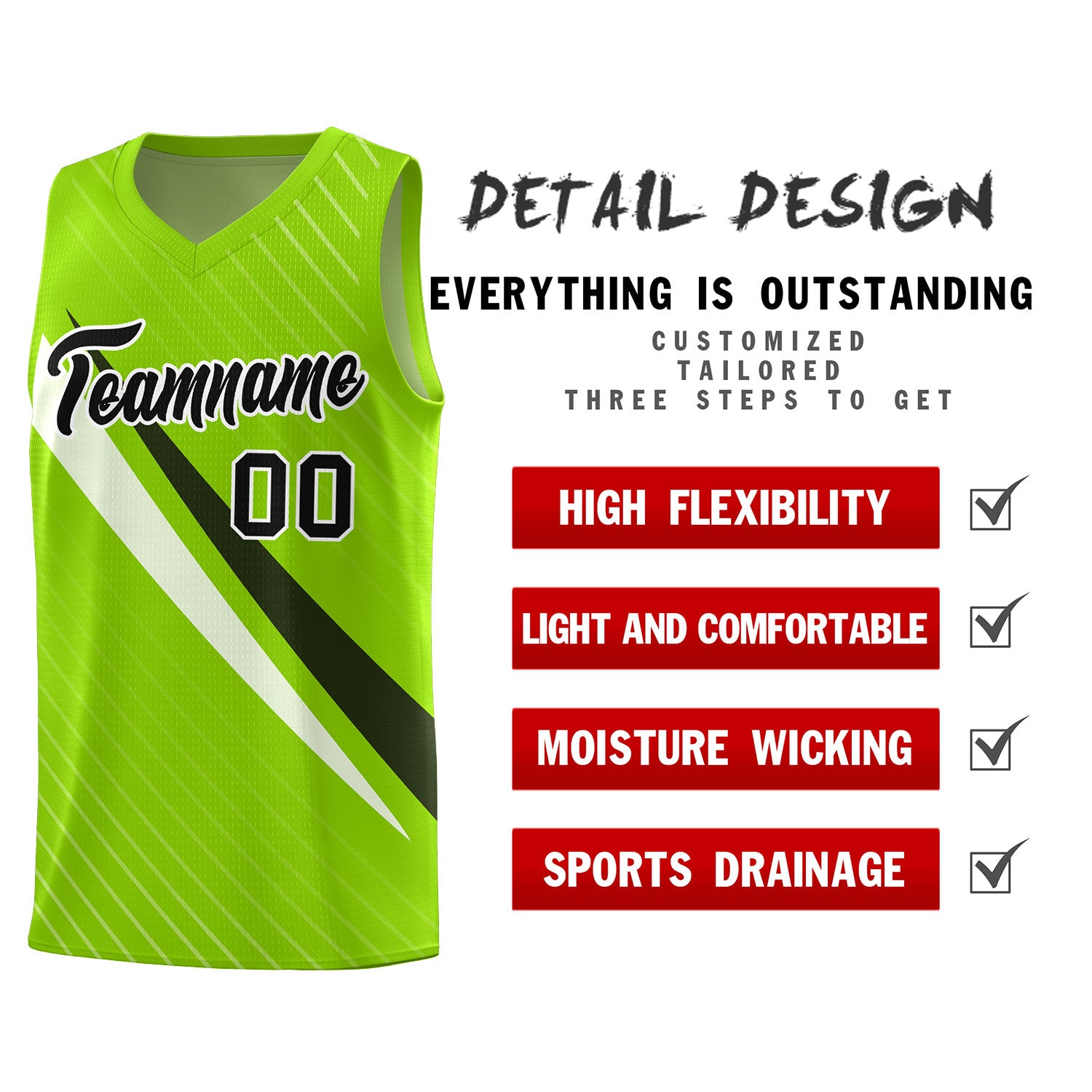 Custom Neon Green Diagonal Pinstripe Pattern Color Block Sports Uniform Basketball Jersey