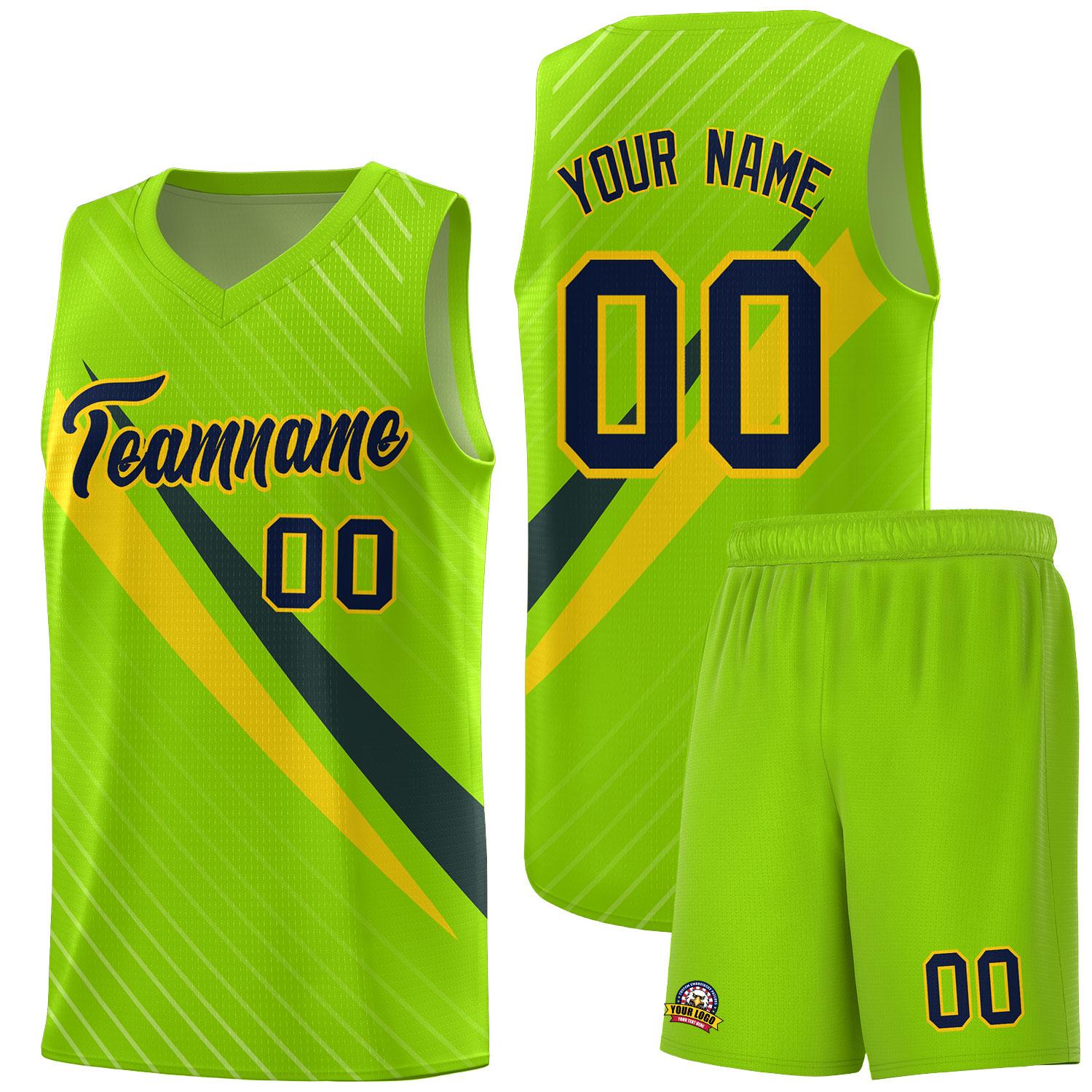 Custom Neon Green Diagonal Pinstripe Pattern Color Block Sports Uniform Basketball Jersey