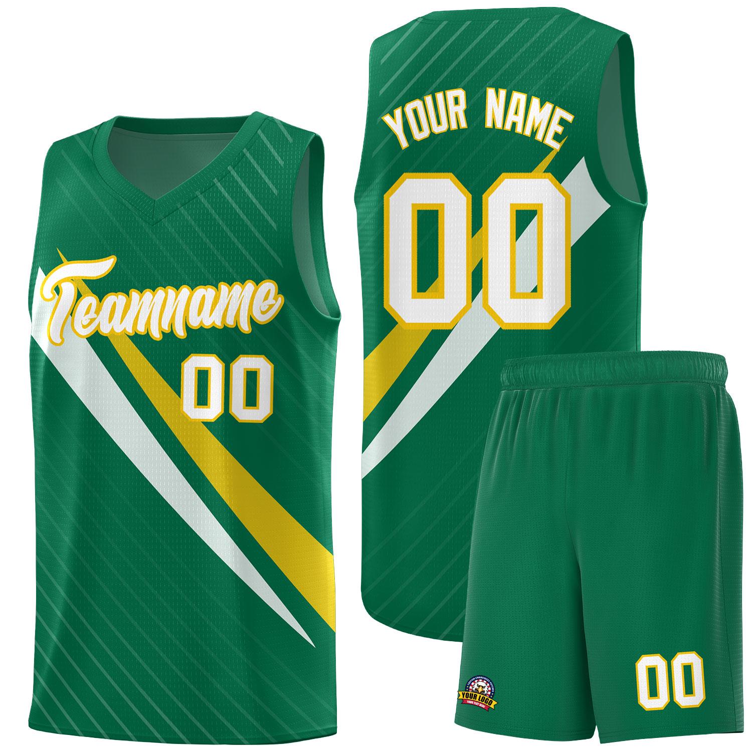 Custom Kelly Green Diagonal Pinstripe Pattern Color Block Sports Uniform Basketball Jersey