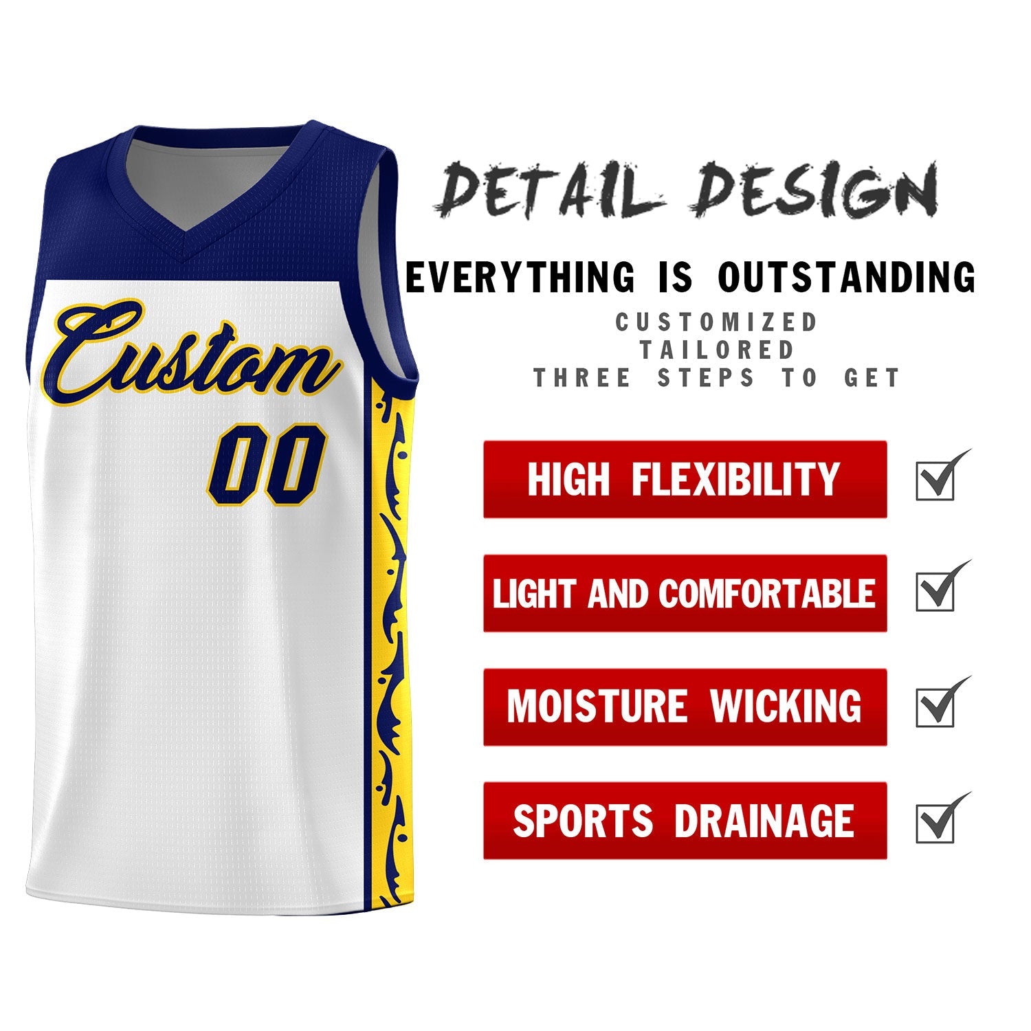 Custom White Side Pattern Sports Uniform Basketball Jersey