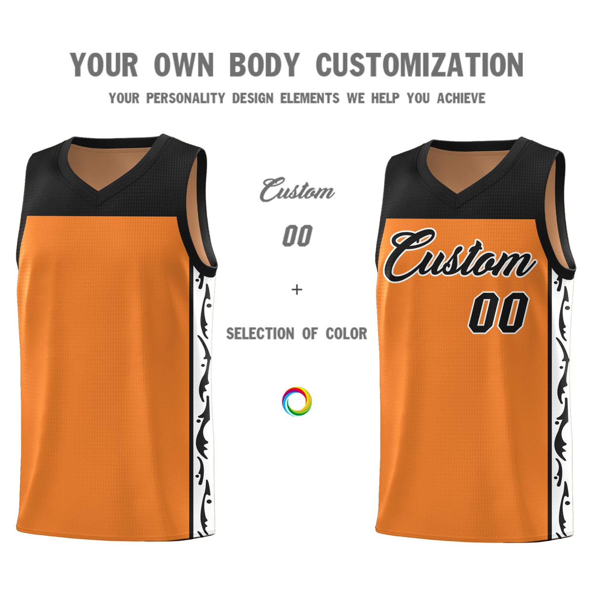 Custom Gold Orange Side Pattern Sports Uniform Basketball Jersey