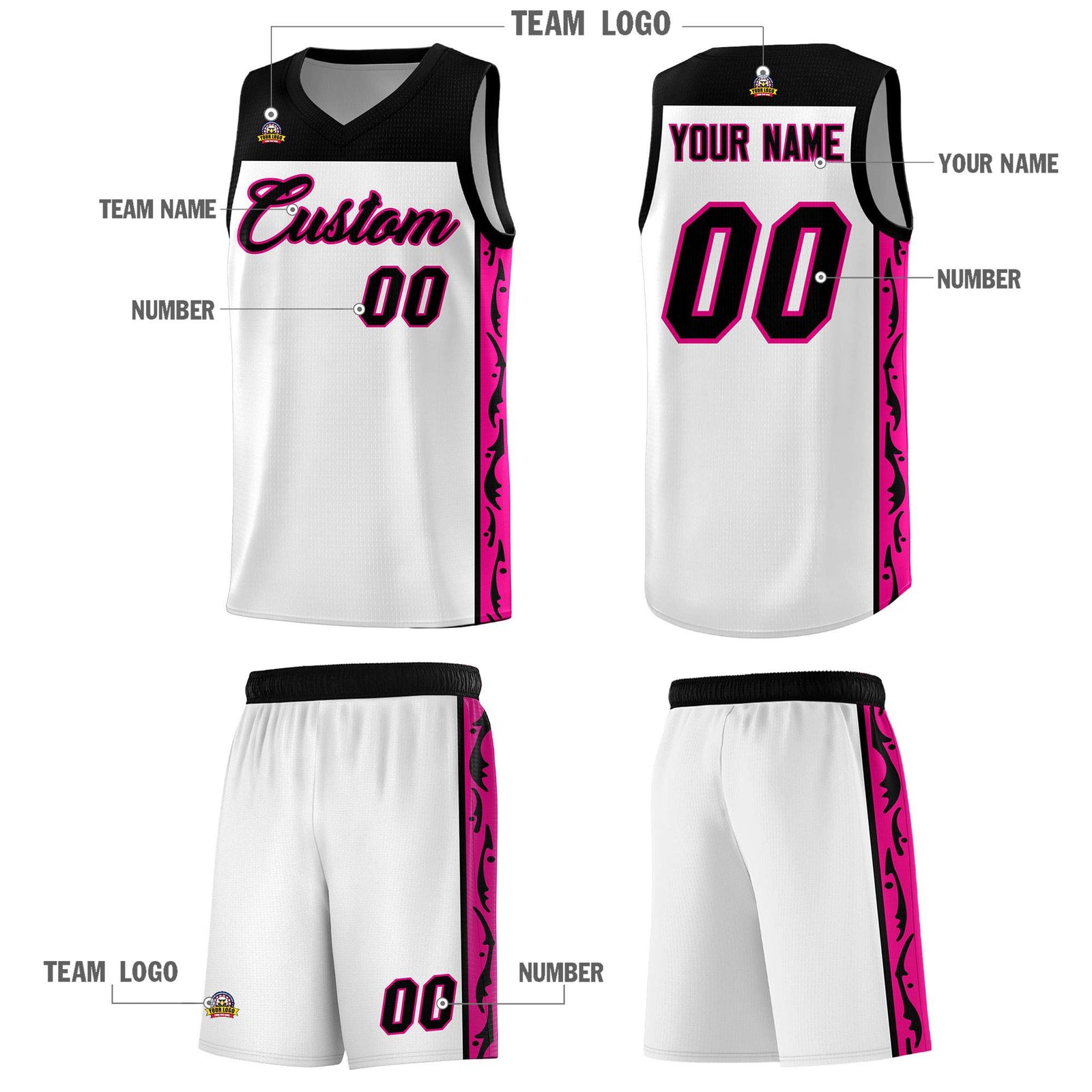 Custom White Side Pattern Sports Uniform Basketball Jersey