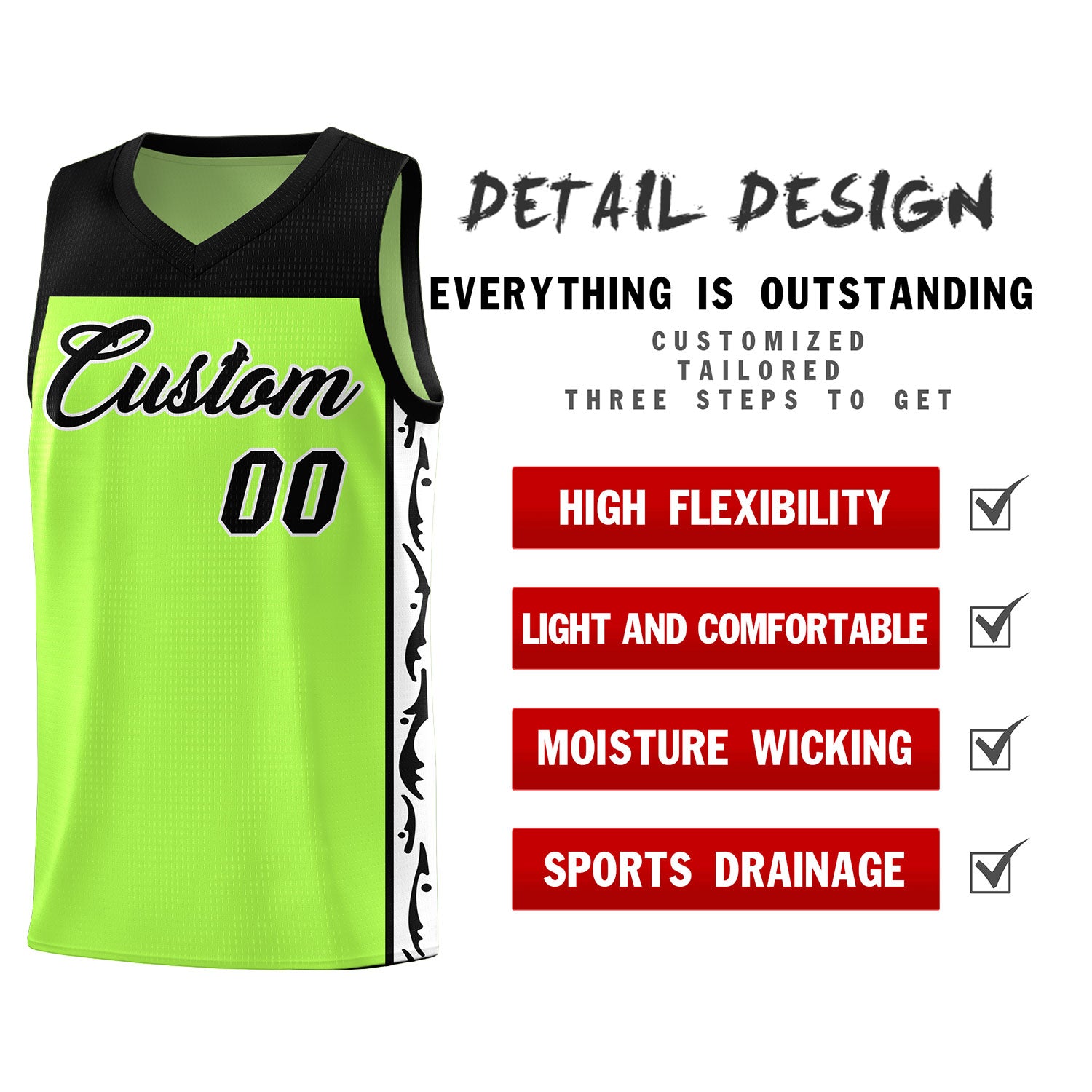 Custom Neon Green Side Pattern Sports Uniform Basketball Jersey
