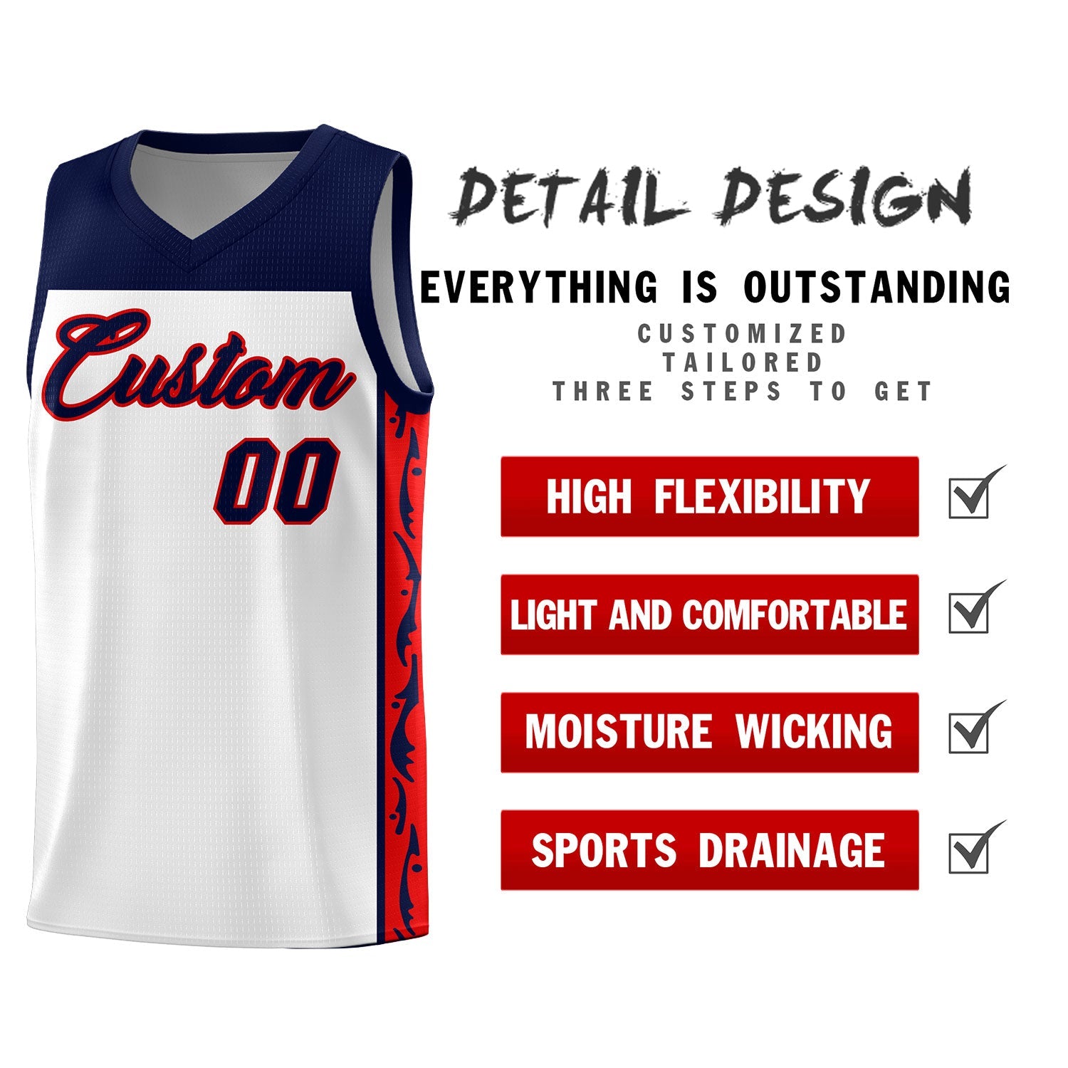 Custom White Side Pattern Sports Uniform Basketball Jersey