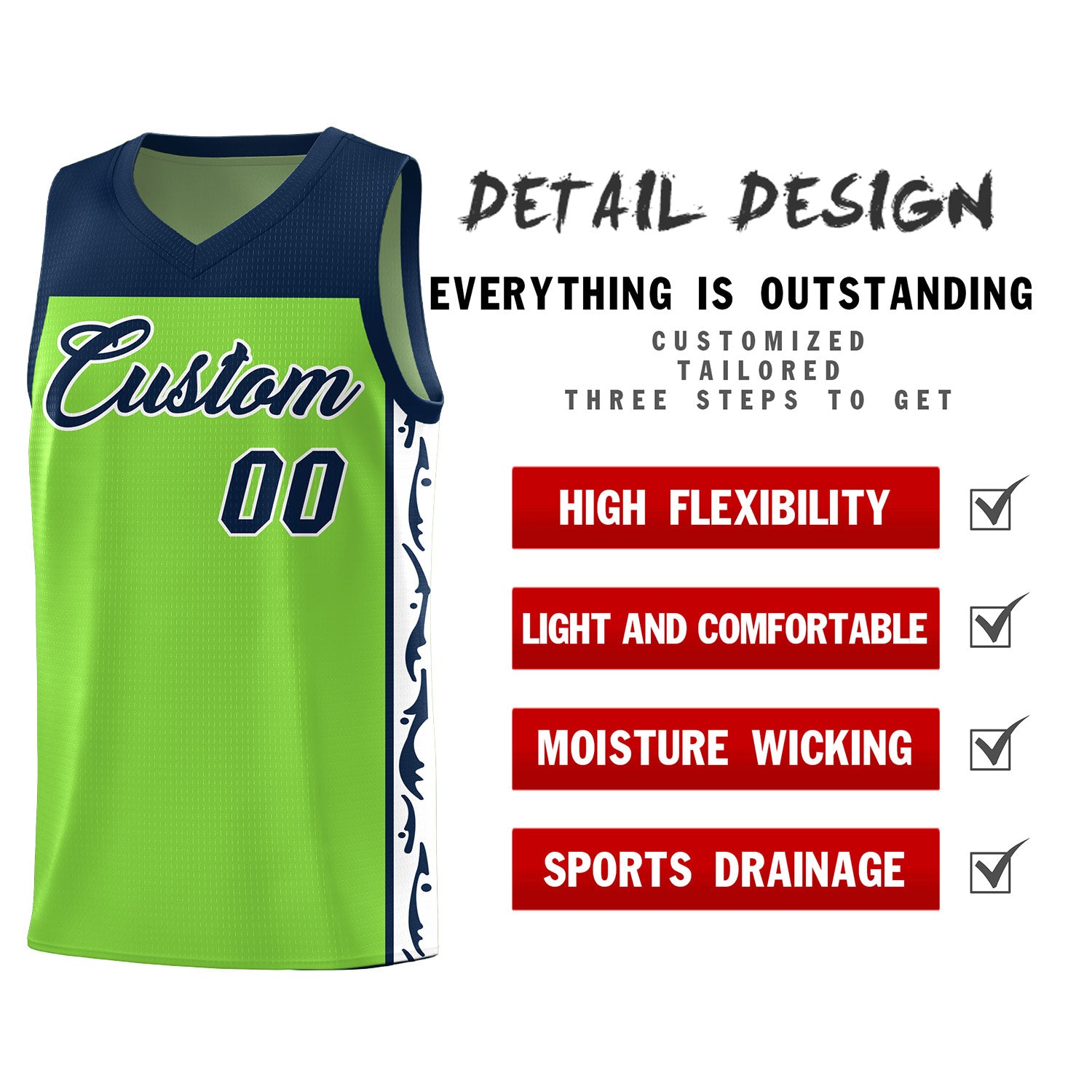 Custom Neon Green Side Pattern Sports Uniform Basketball Jersey