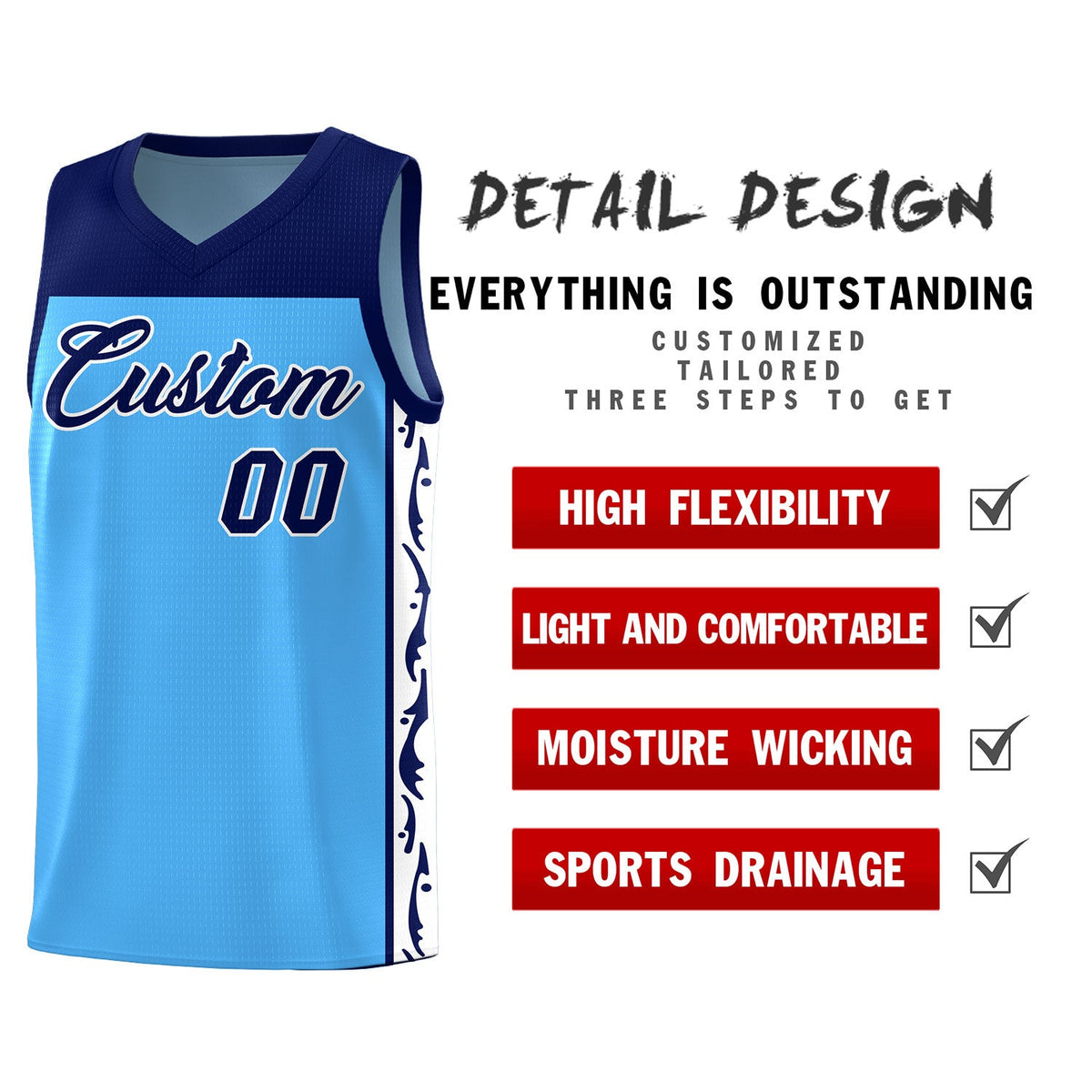Custom Light Blue Side Pattern Sports Uniform Basketball Jersey