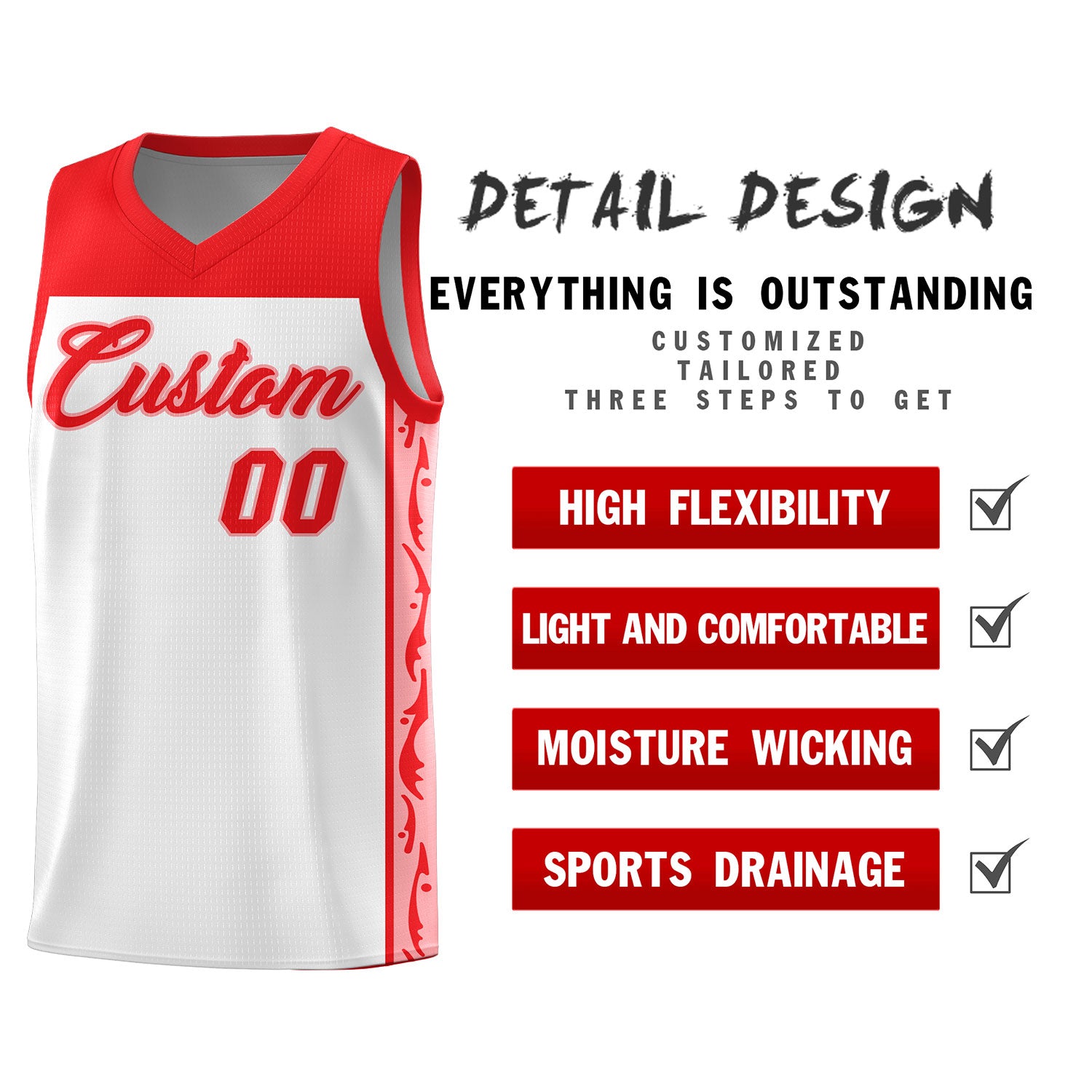 Custom White Side Pattern Sports Uniform Basketball Jersey