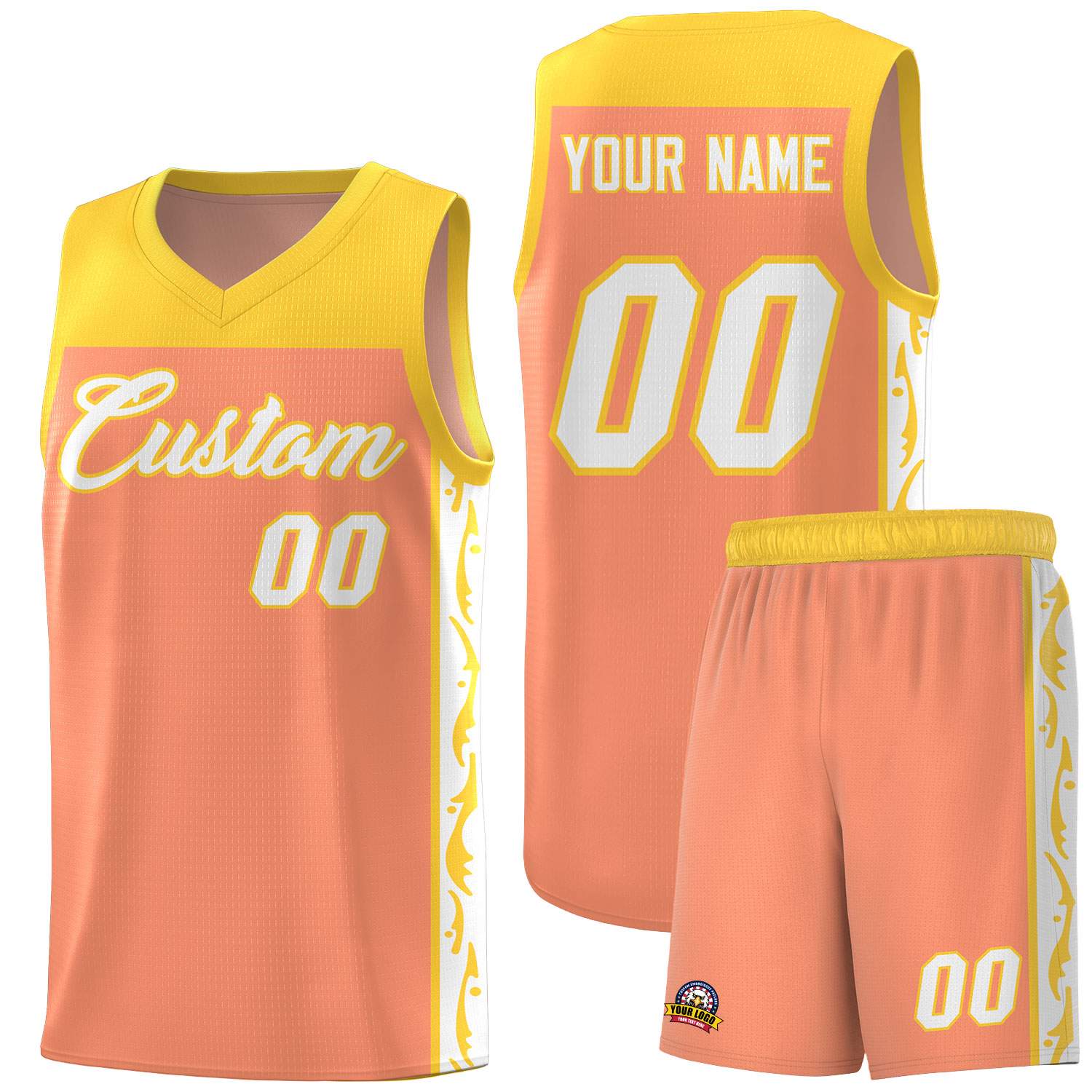 Custom Gold Orange Side Pattern Sports Uniform Basketball Jersey