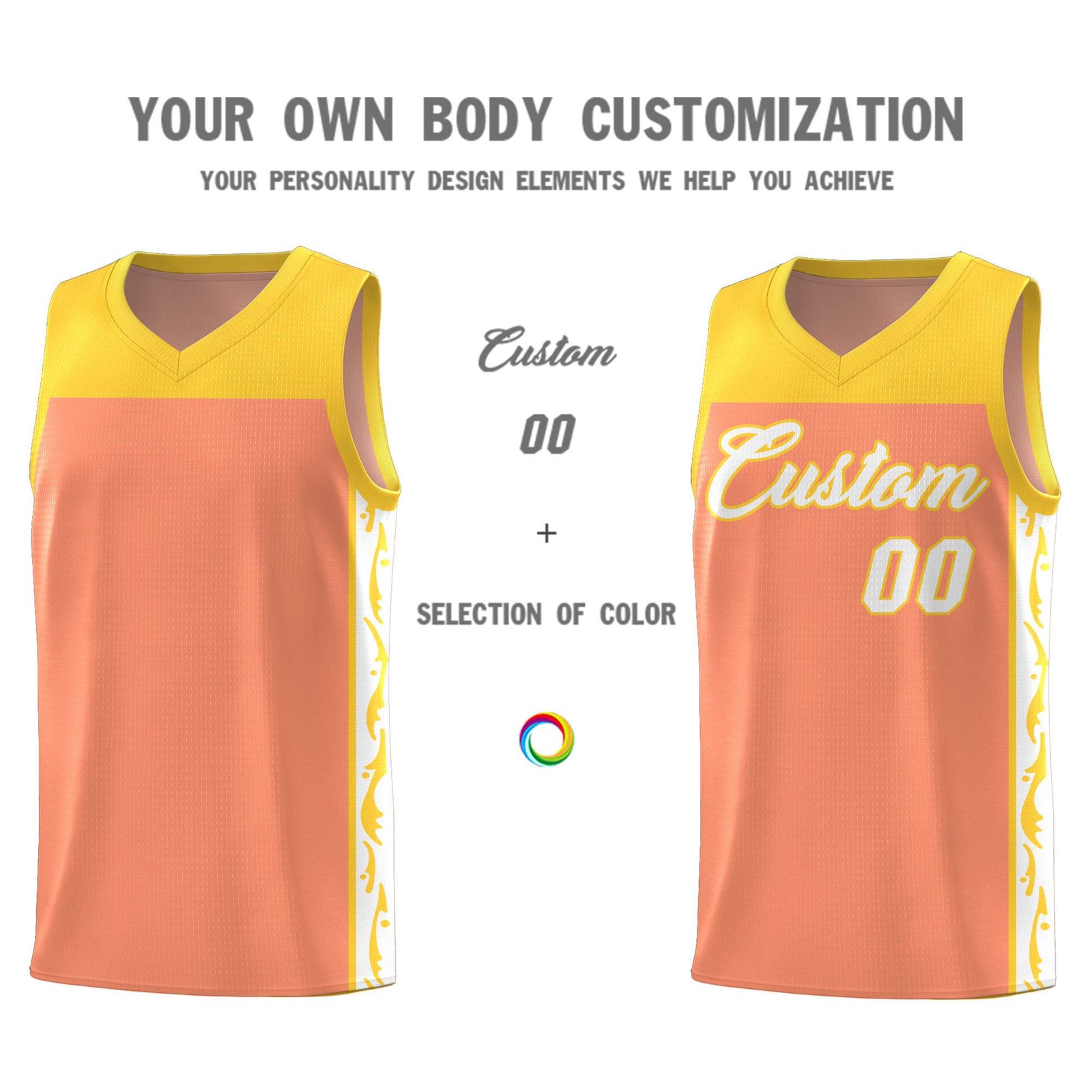 Custom Gold Orange Side Pattern Sports Uniform Basketball Jersey