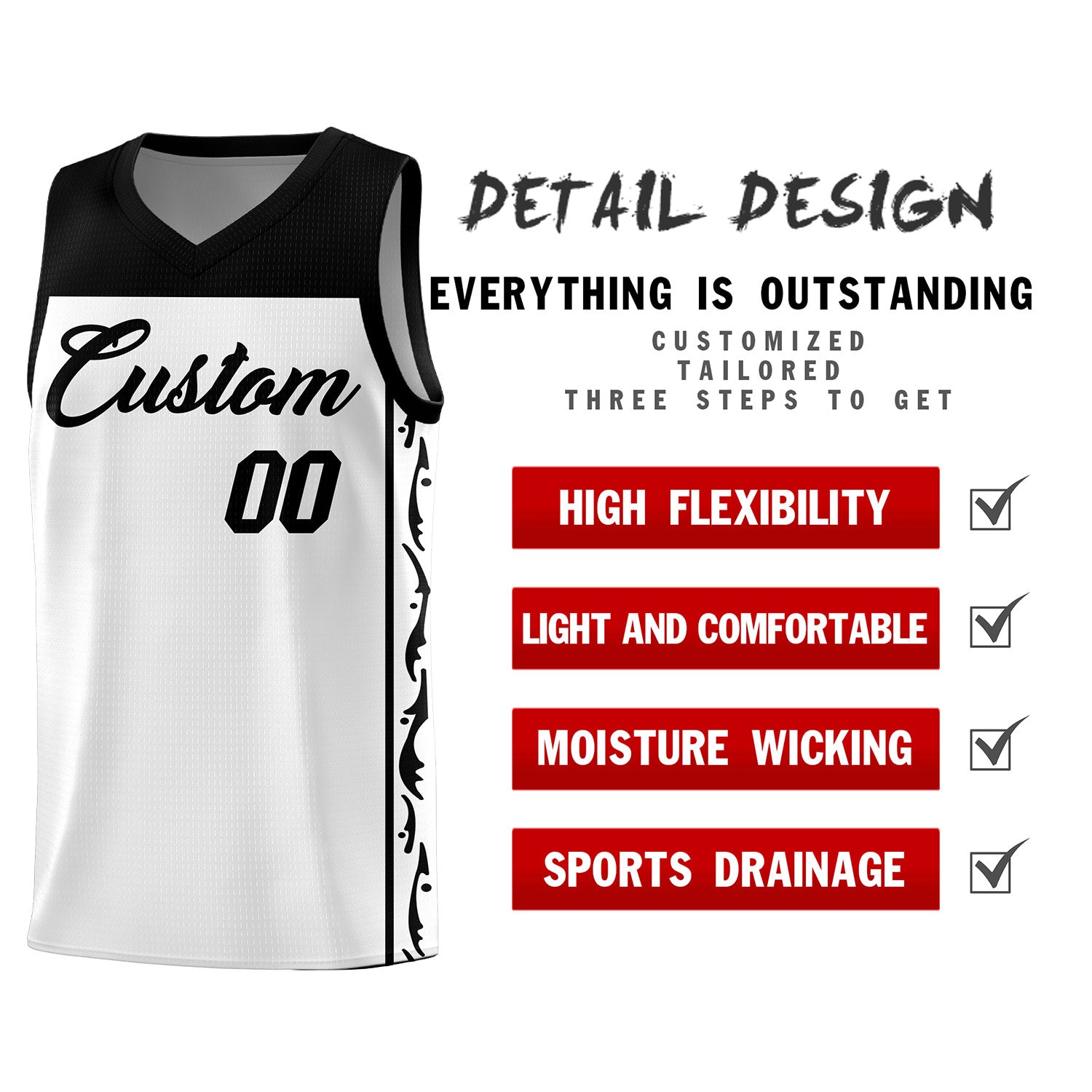 Custom White Side Pattern Sports Uniform Basketball Jersey