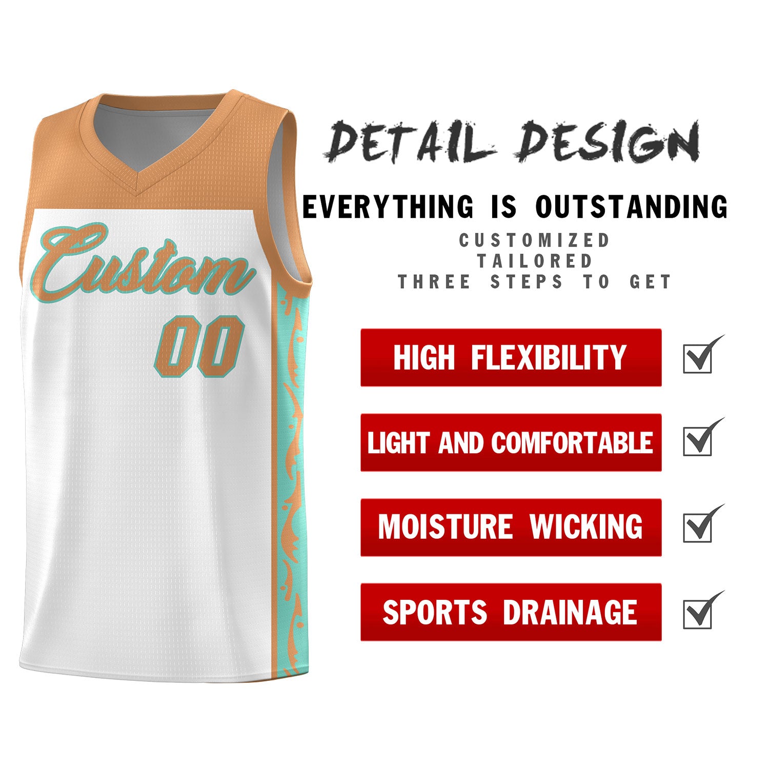 Custom White Side Pattern Sports Uniform Basketball Jersey