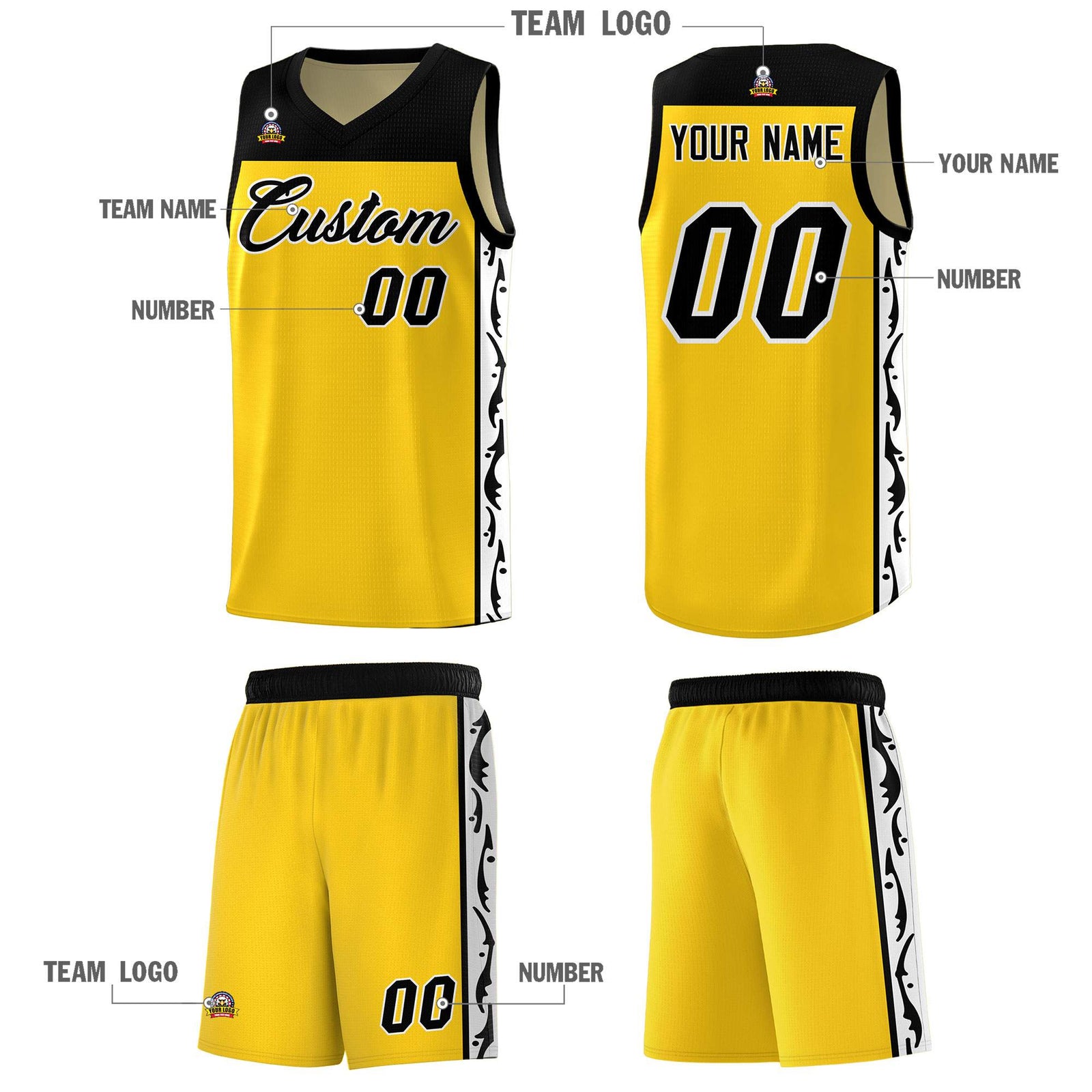 Custom Gold Side Pattern Sports Uniform Basketball Jersey