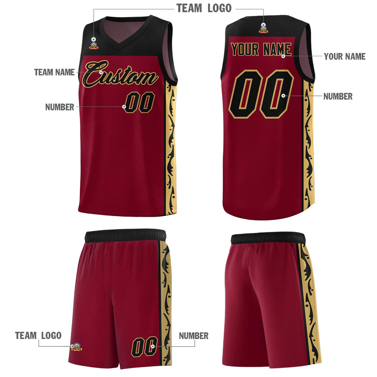 Custom Crimson Side Pattern Sports Uniform Basketball Jersey
