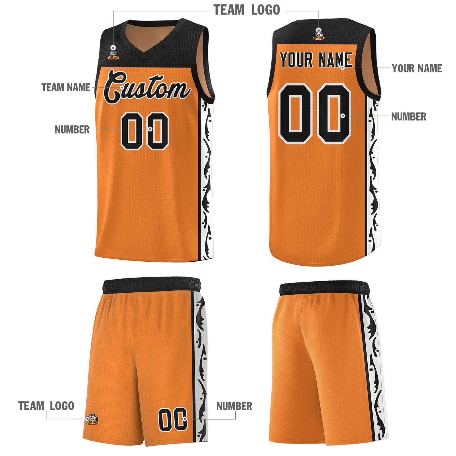 Custom Gold Orange Side Pattern Sports Uniform Basketball Jersey