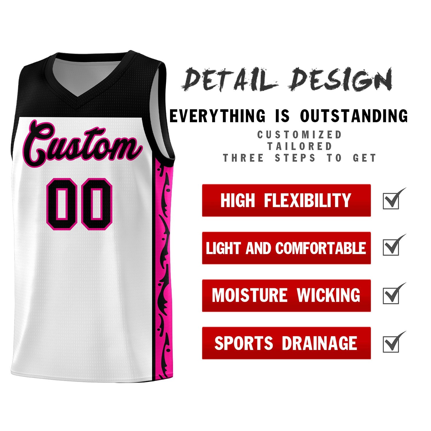 Custom White Side Pattern Sports Uniform Basketball Jersey