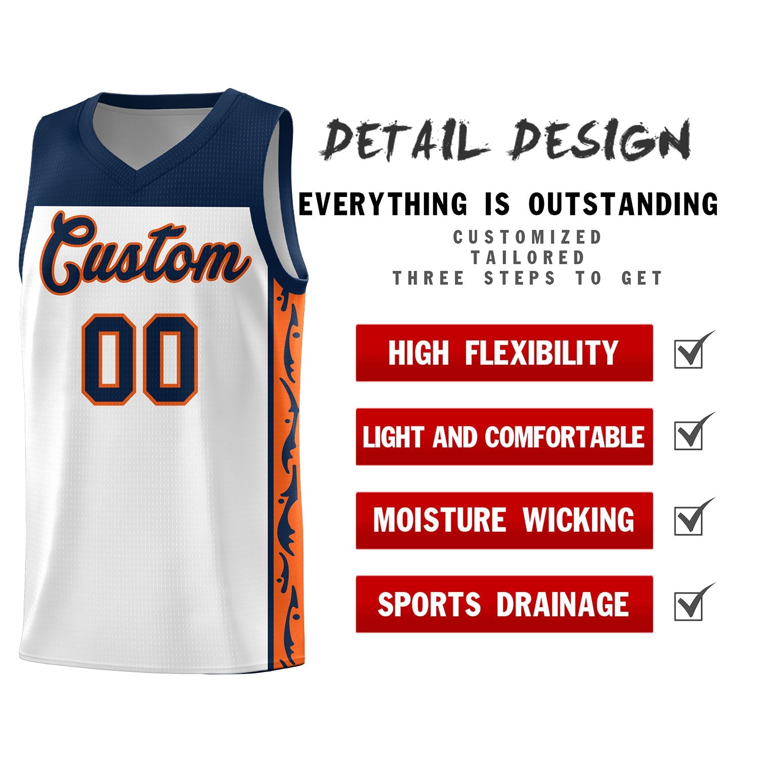 Custom White Side Pattern Sports Uniform Basketball Jersey