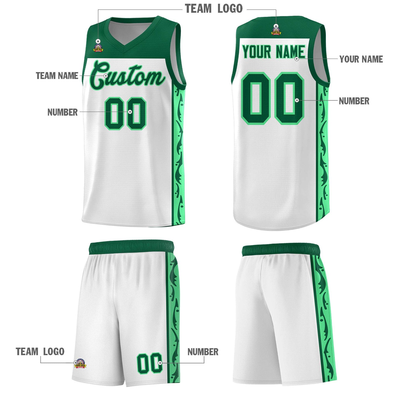 Custom White Side Pattern Sports Uniform Basketball Jersey
