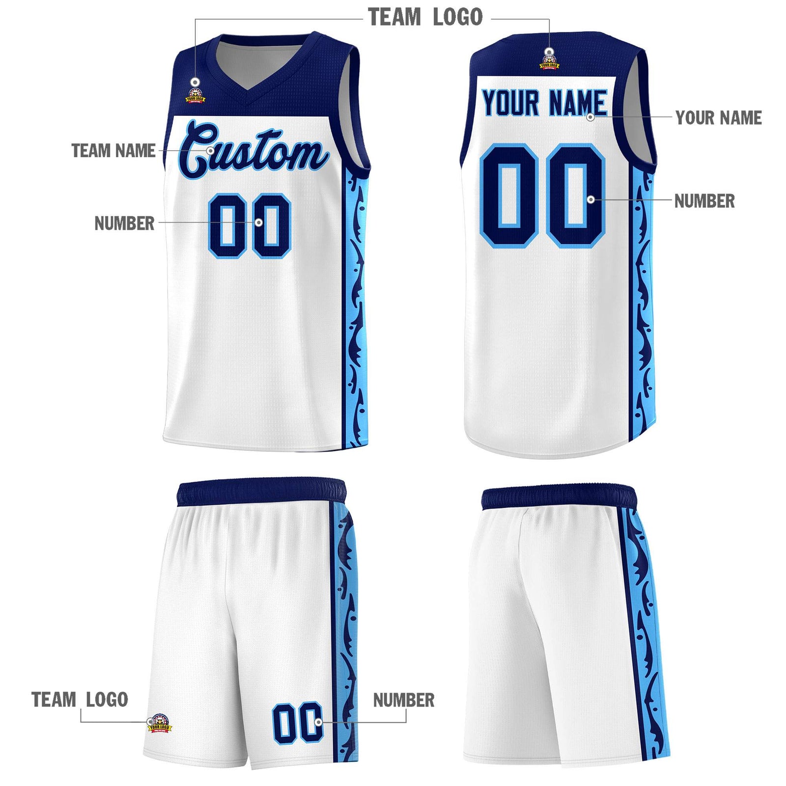 Custom White Side Pattern Sports Uniform Basketball Jersey
