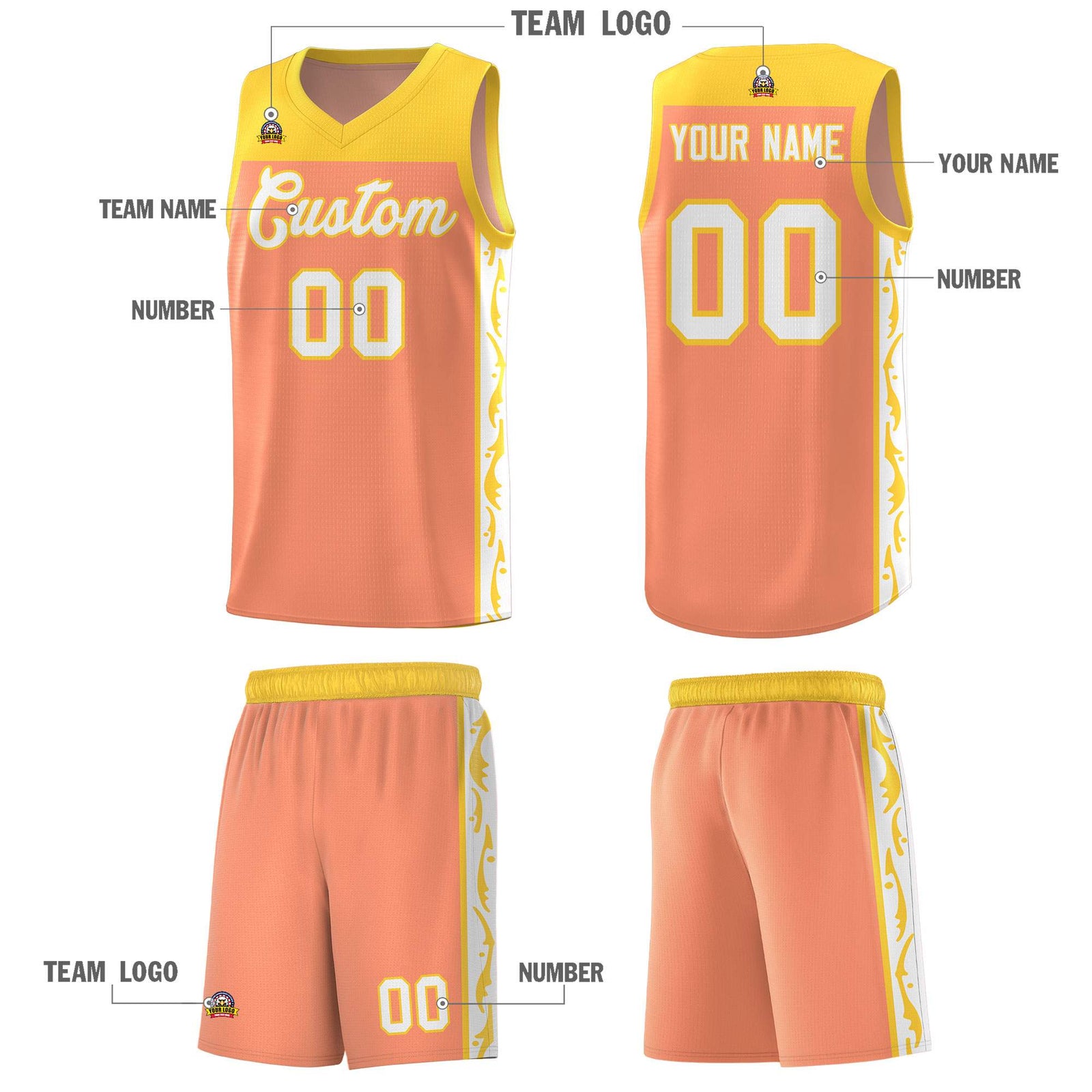 Custom Gold Orange Side Pattern Sports Uniform Basketball Jersey
