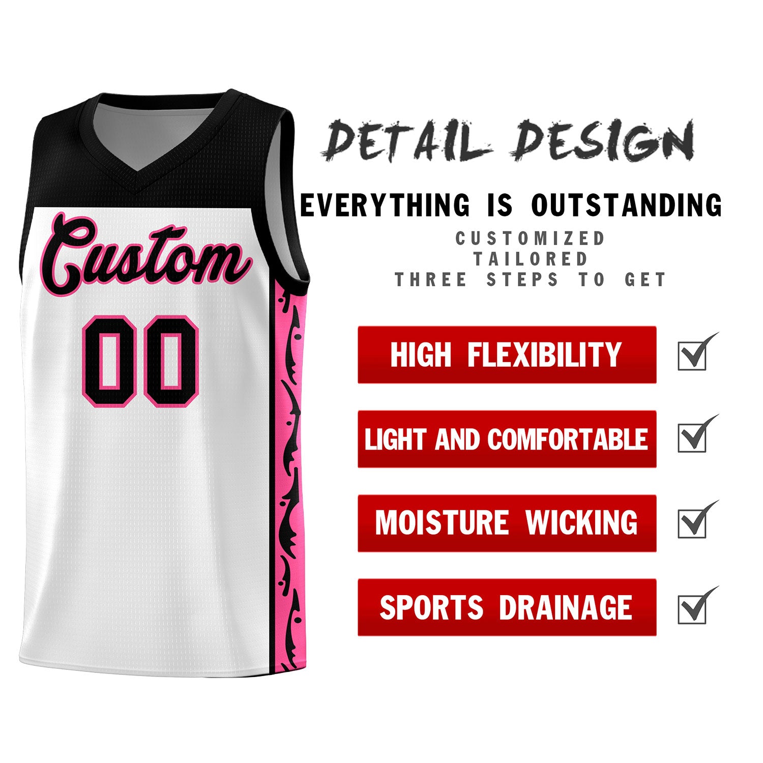 Custom White Side Pattern Sports Uniform Basketball Jersey