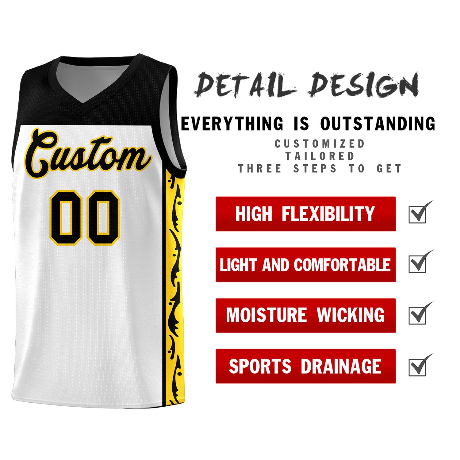 Custom White Side Pattern Sports Uniform Basketball Jersey