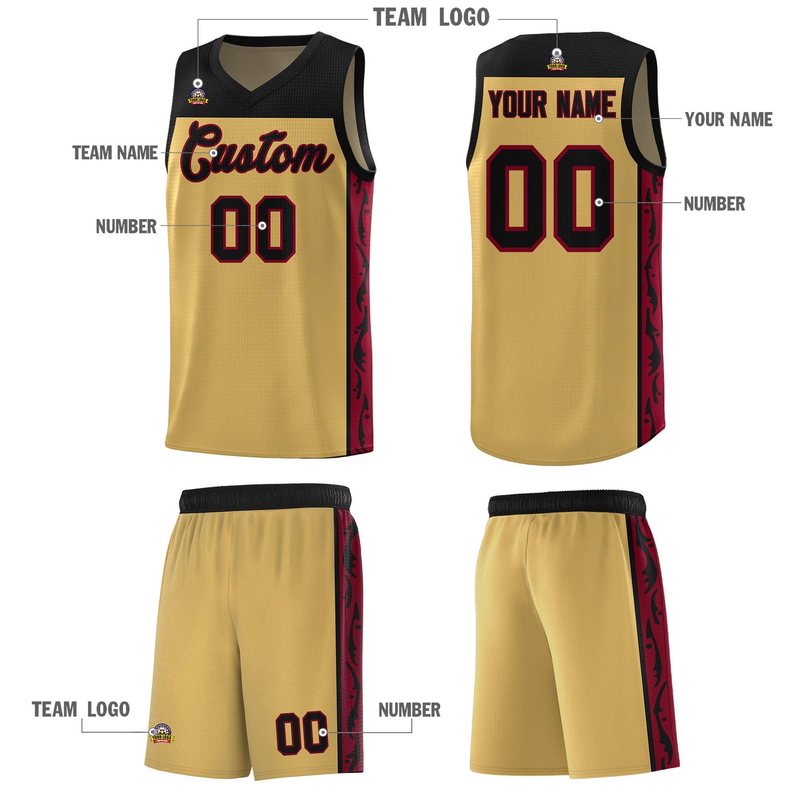 Custom Old Gold Side Pattern Sports Uniform Basketball Jersey