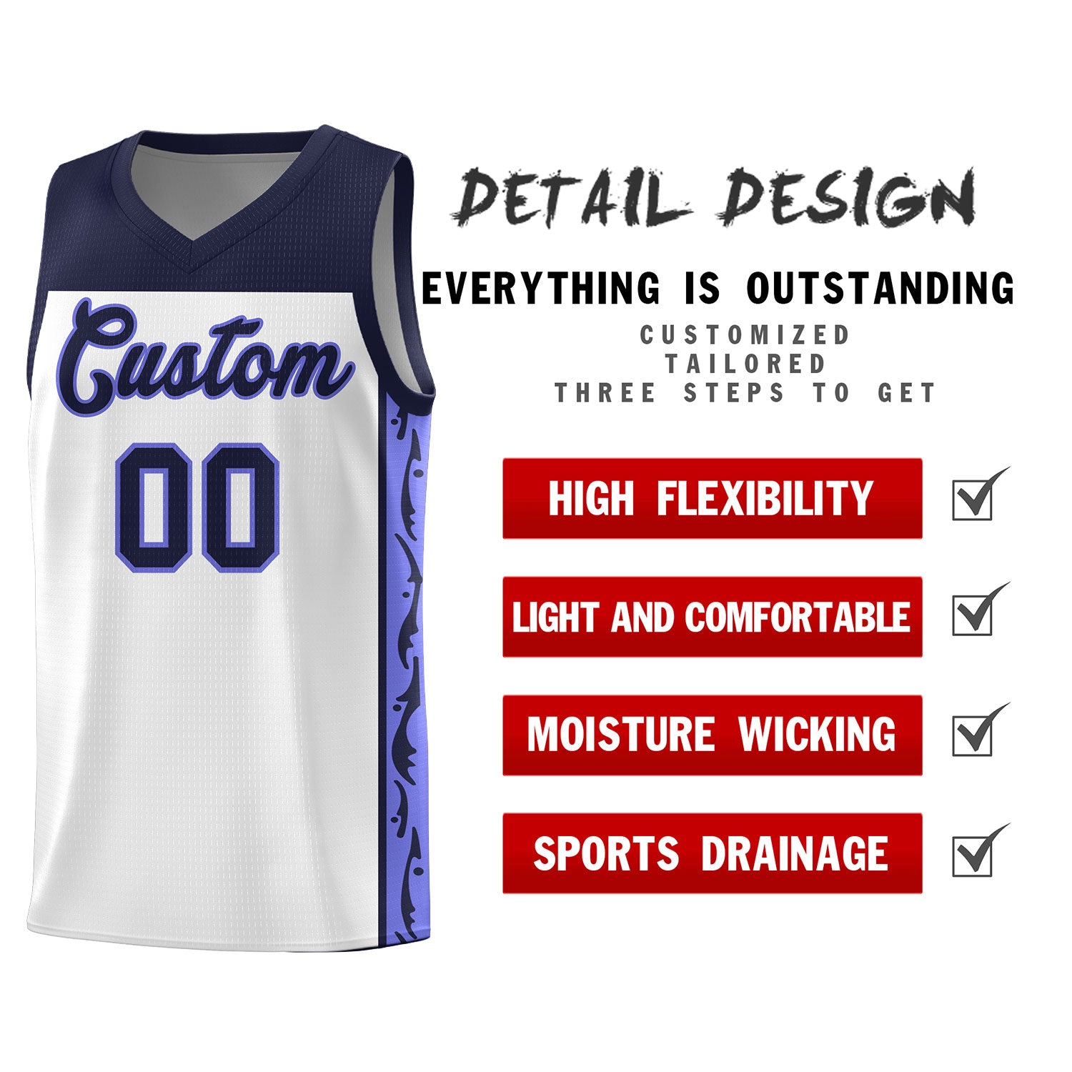 Custom White Side Pattern Sports Uniform Basketball Jersey