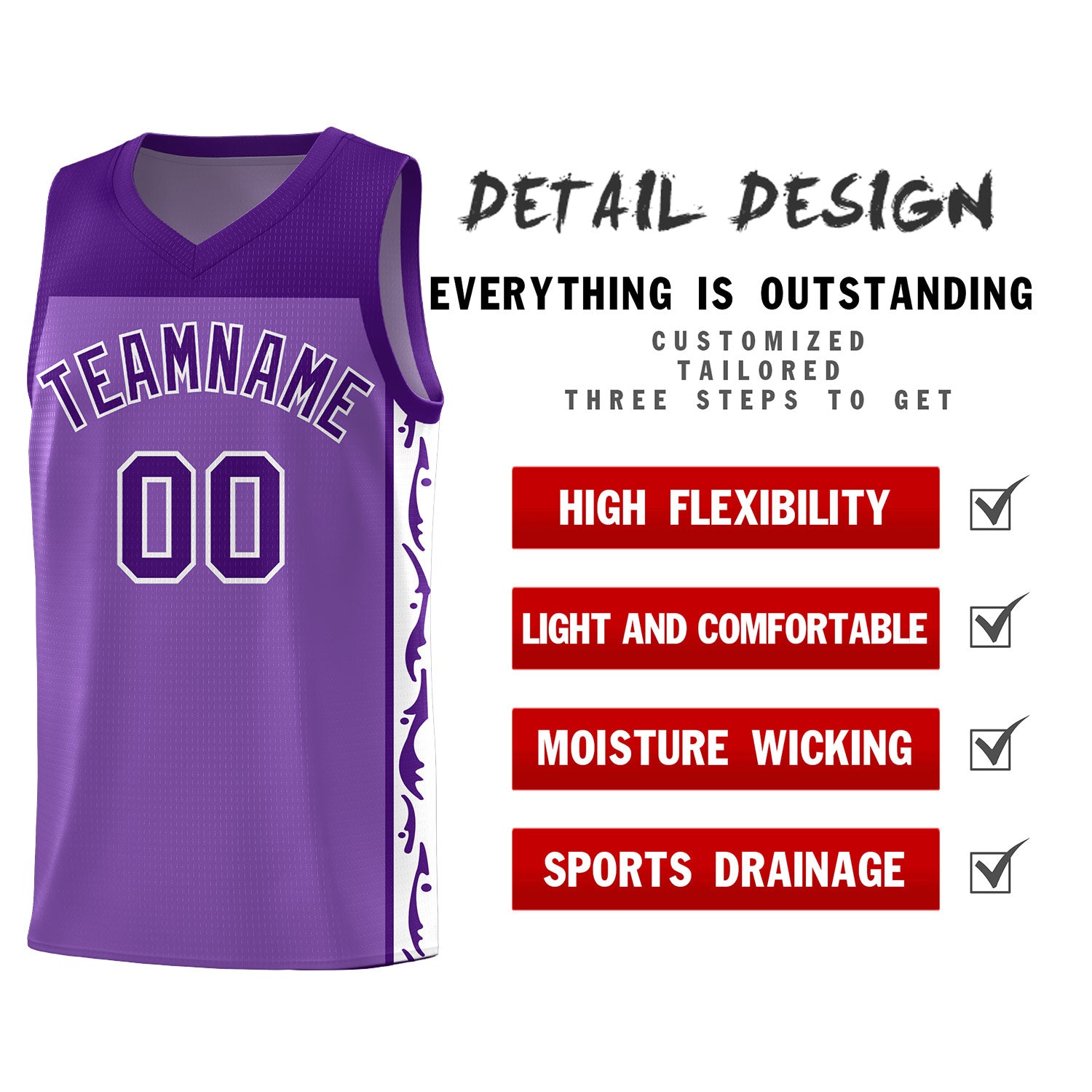 Custom Purple Side Pattern Sports Uniform Basketball Jersey