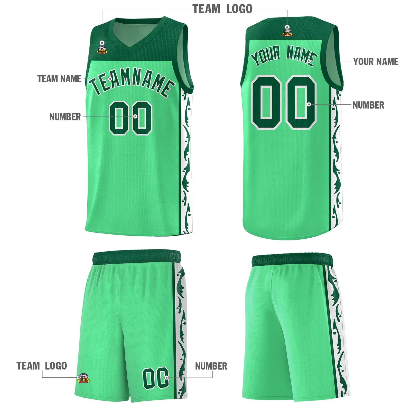 Custom Bright Green Side Pattern Sports Uniform Basketball Jersey