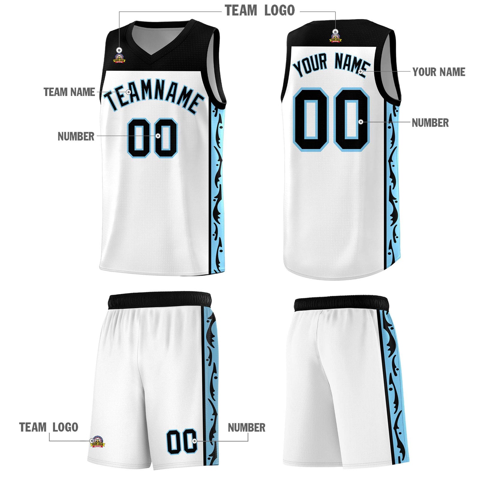 Custom White Side Pattern Sports Uniform Basketball Jersey