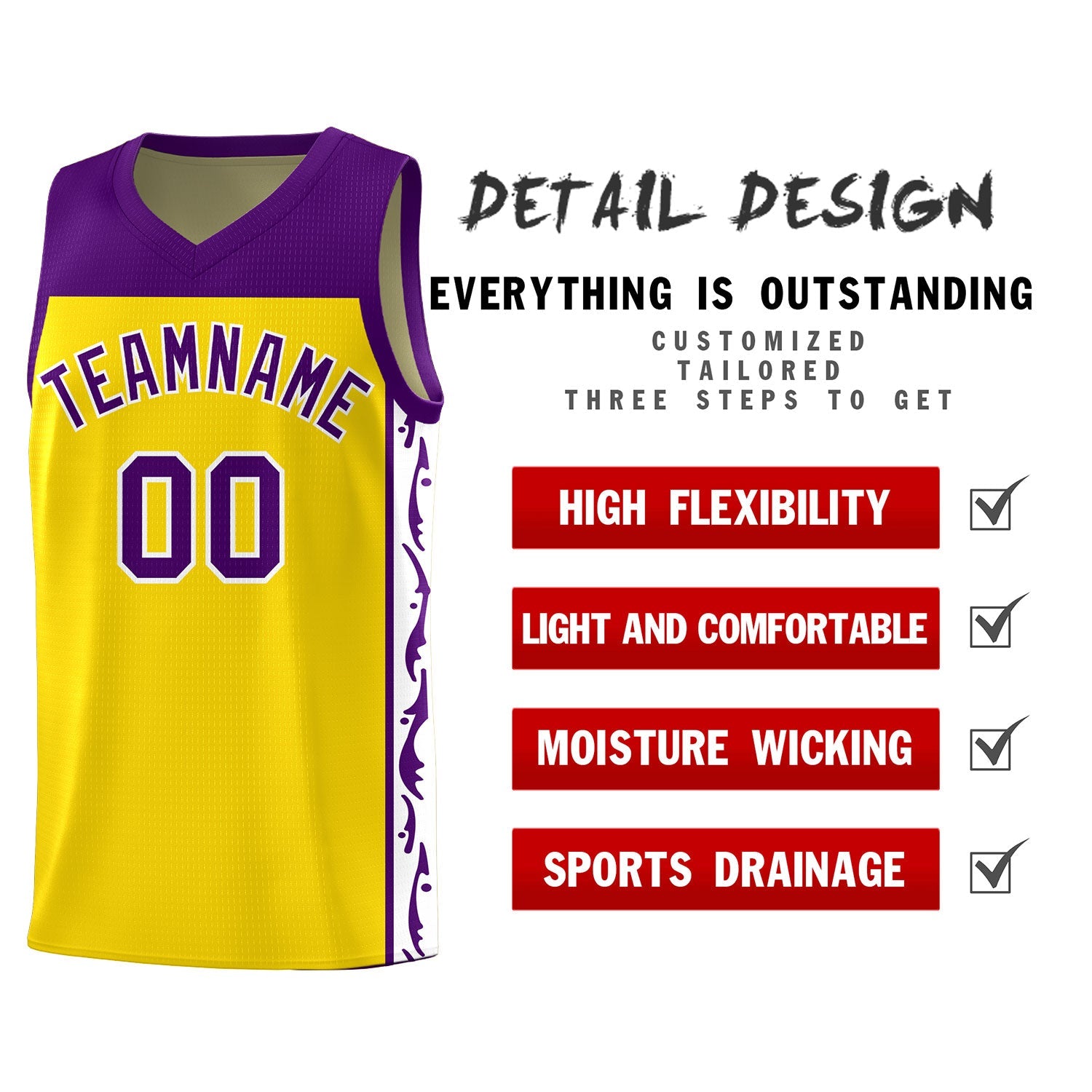 Custom Gold Side Pattern Sports Uniform Basketball Jersey