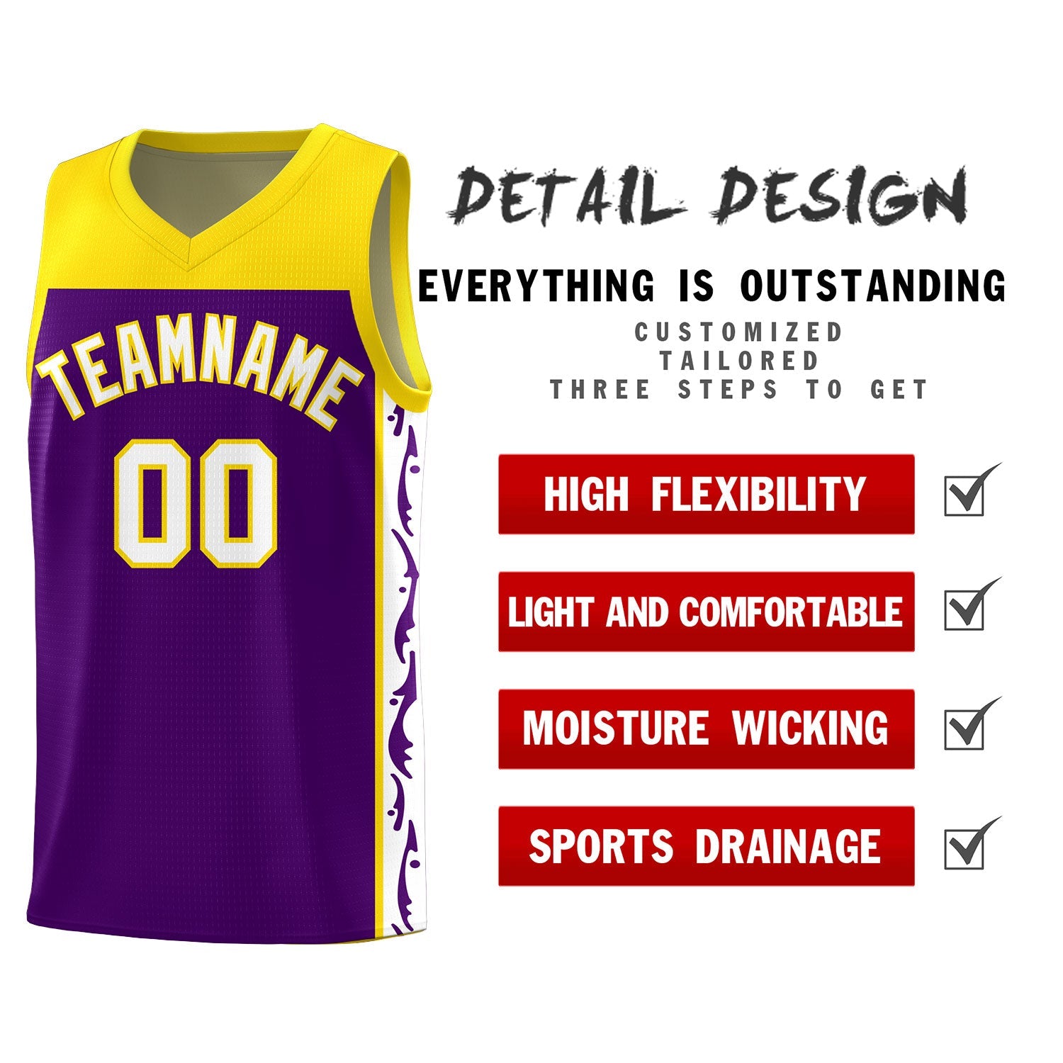Custom Purple Side Pattern Sports Uniform Basketball Jersey