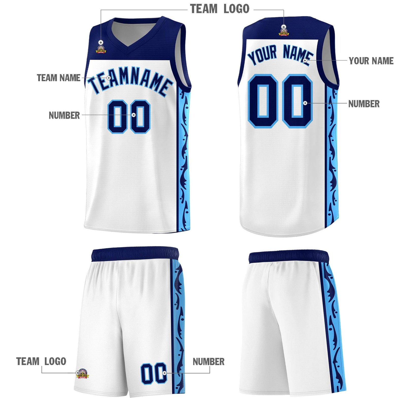 Custom White Side Pattern Sports Uniform Basketball Jersey