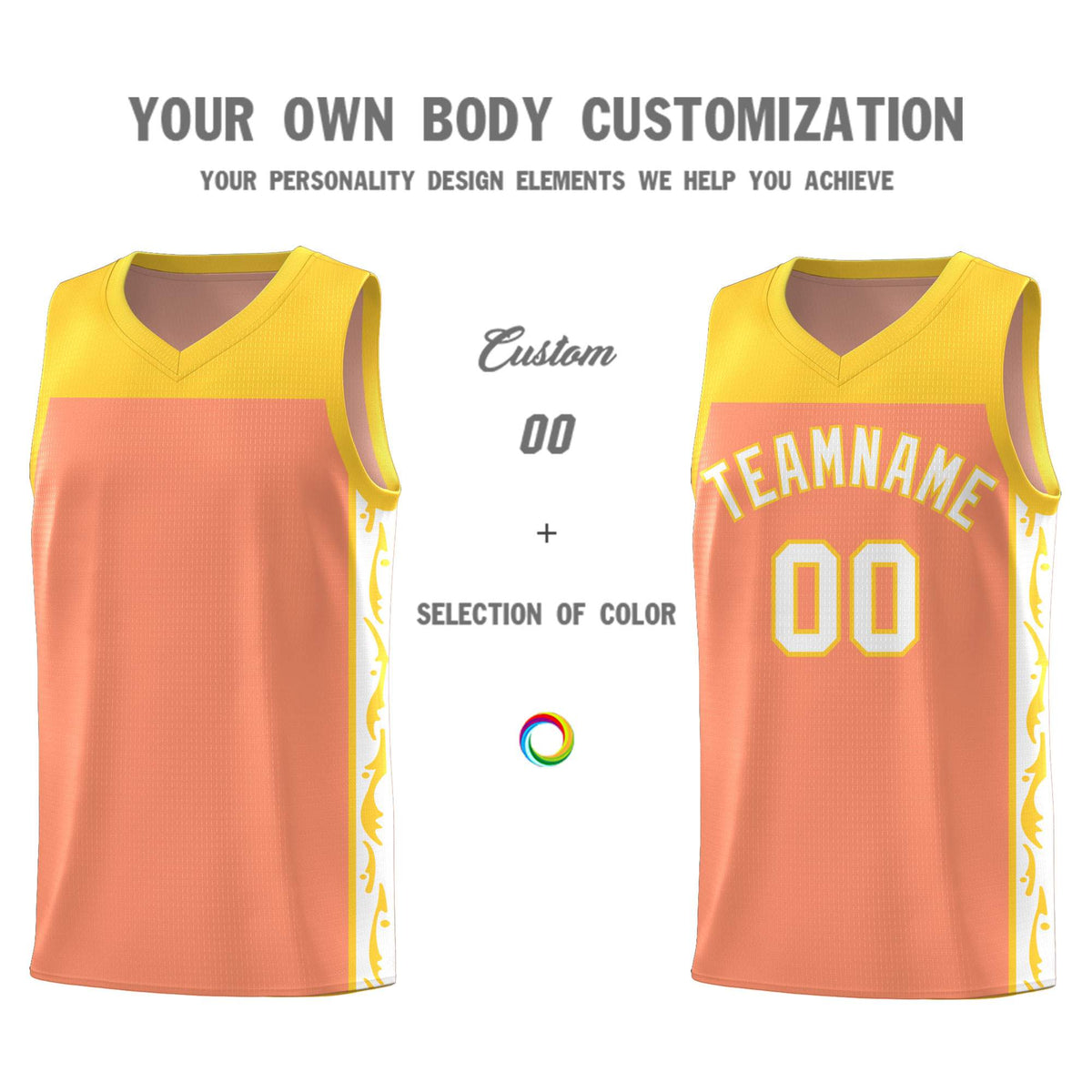 Custom Gold Orange Side Pattern Sports Uniform Basketball Jersey