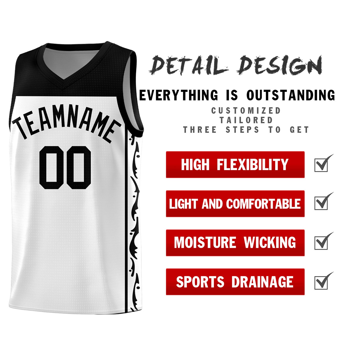 Custom White Side Pattern Sports Uniform Basketball Jersey