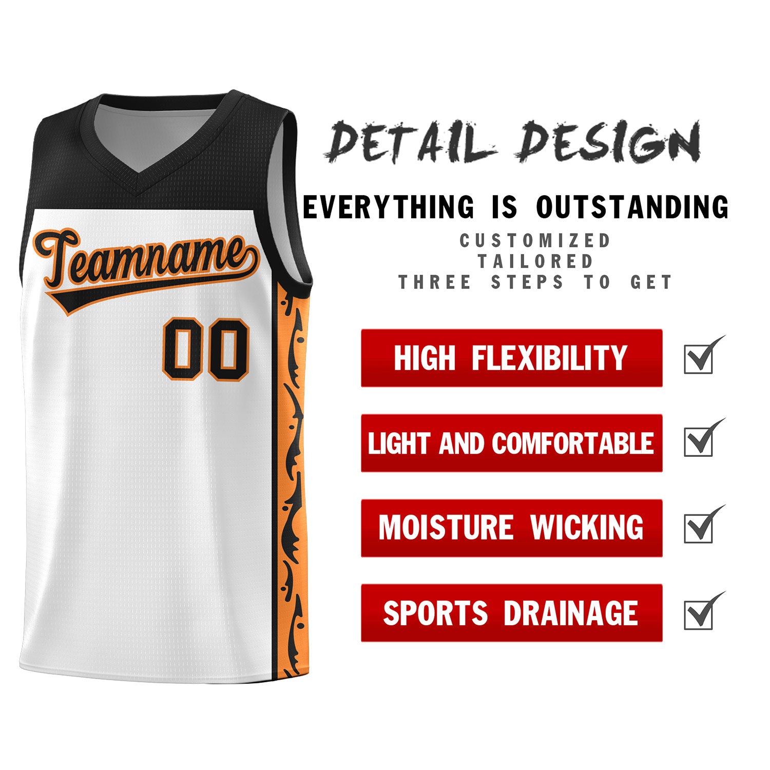 Custom White Side Pattern Sports Uniform Basketball Jersey