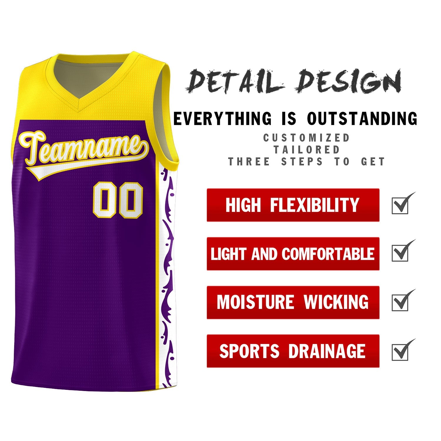 Custom Purple Side Pattern Sports Uniform Basketball Jersey