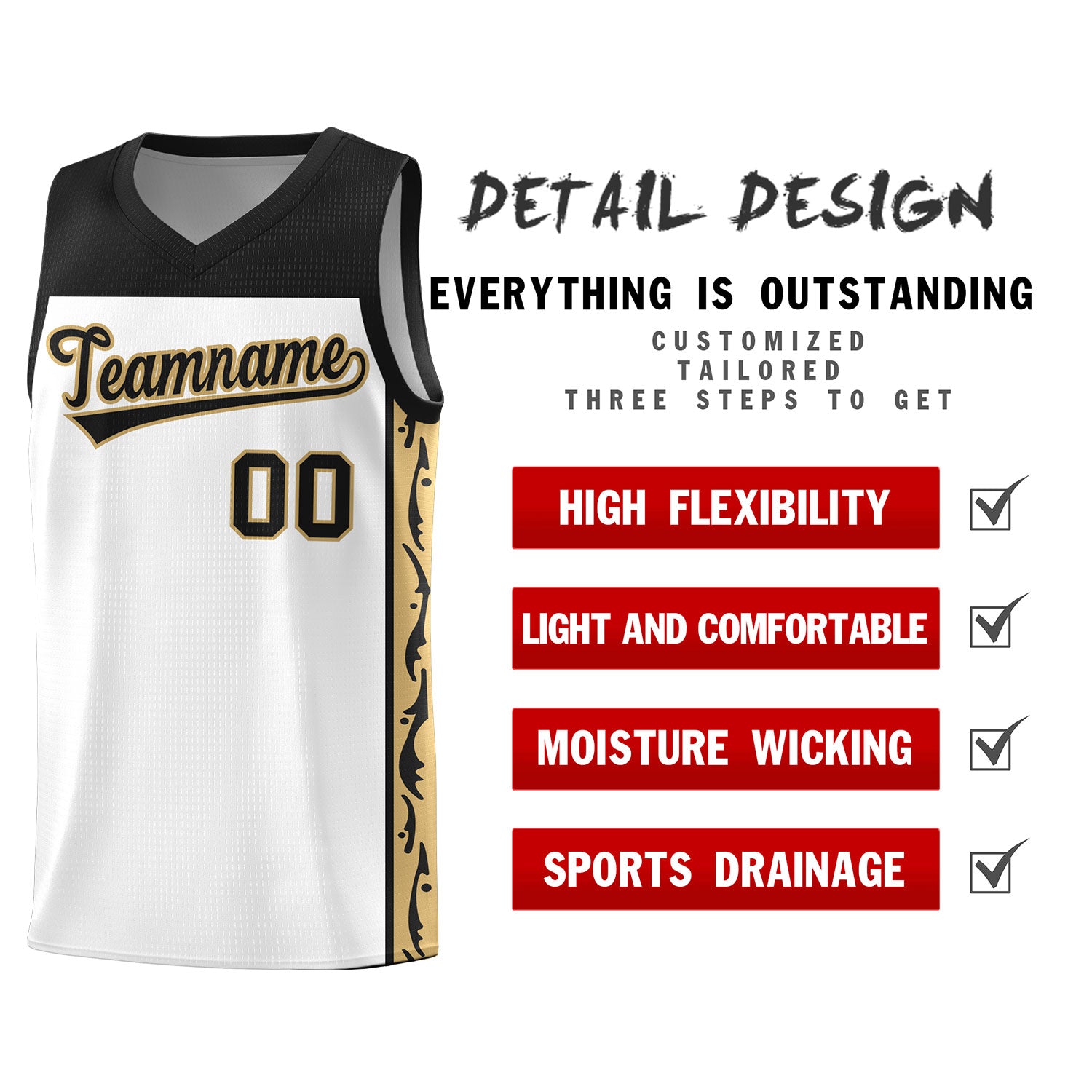 Custom White Side Pattern Sports Uniform Basketball Jersey
