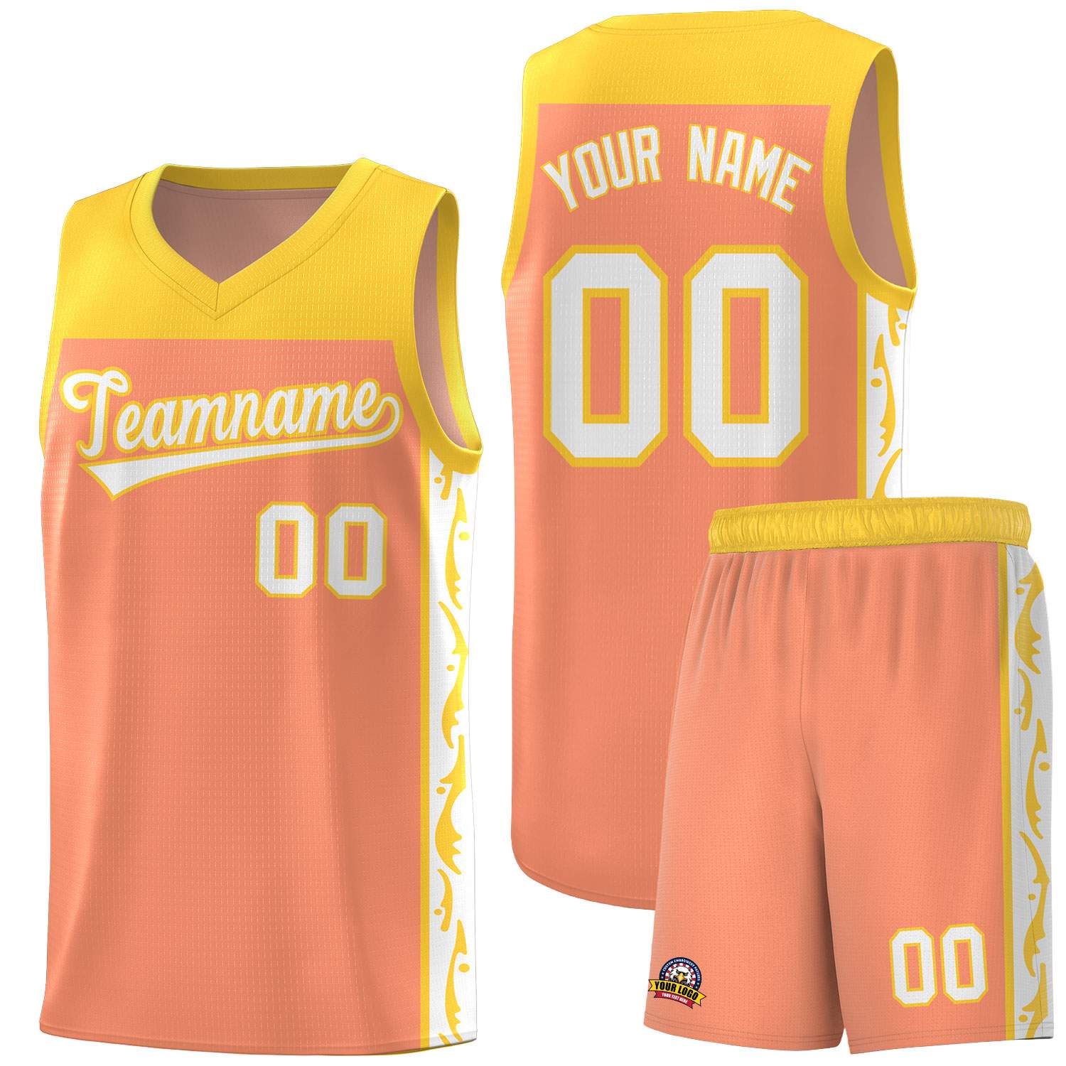 Custom Gold Orange Side Pattern Sports Uniform Basketball Jersey
