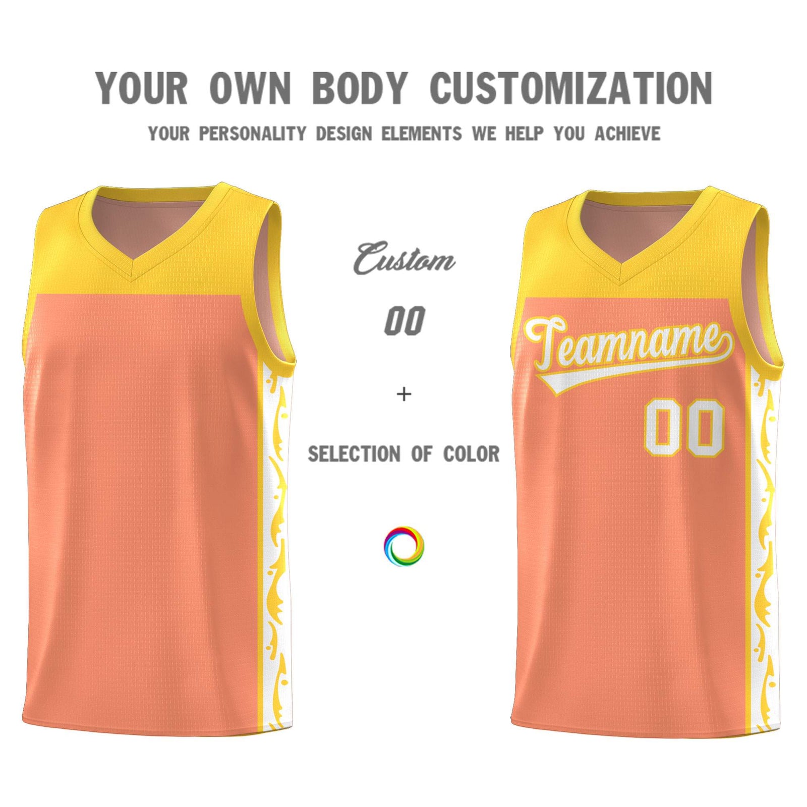 Custom Gold Orange Side Pattern Sports Uniform Basketball Jersey