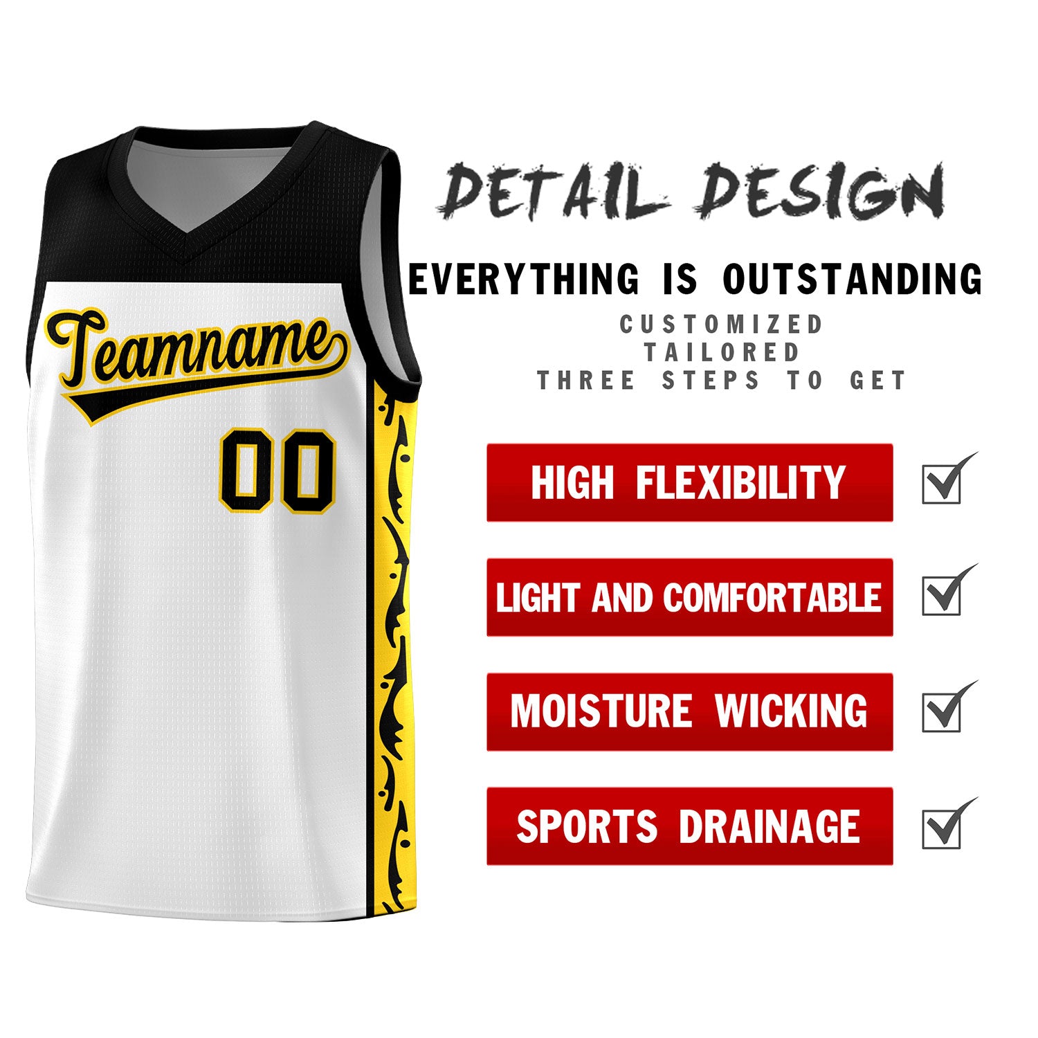 Custom White Side Pattern Sports Uniform Basketball Jersey